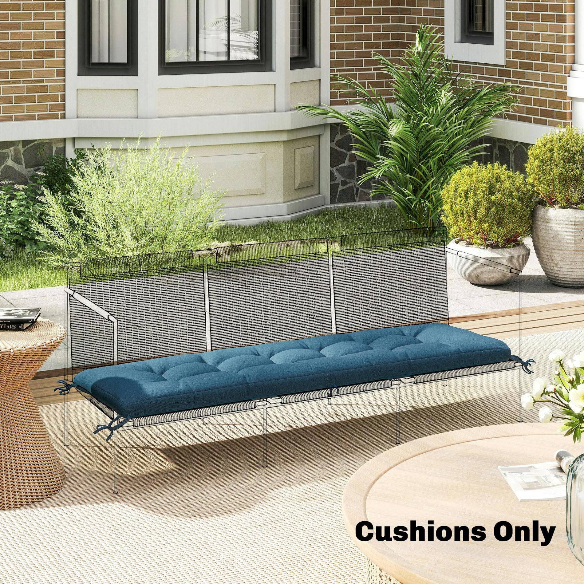 Rackhams Blue Sun Lounger Cushion, Memory Foam Patio Chair Cushion With Ties - Outdoor Sofa Cushion - 65 X 198 X 13 Cm