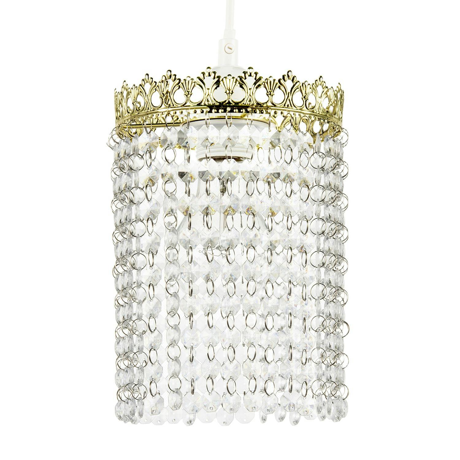 Happy Homewares Gold/Light Polished Crown Pendant Shade With Strings Of Clear Beads
