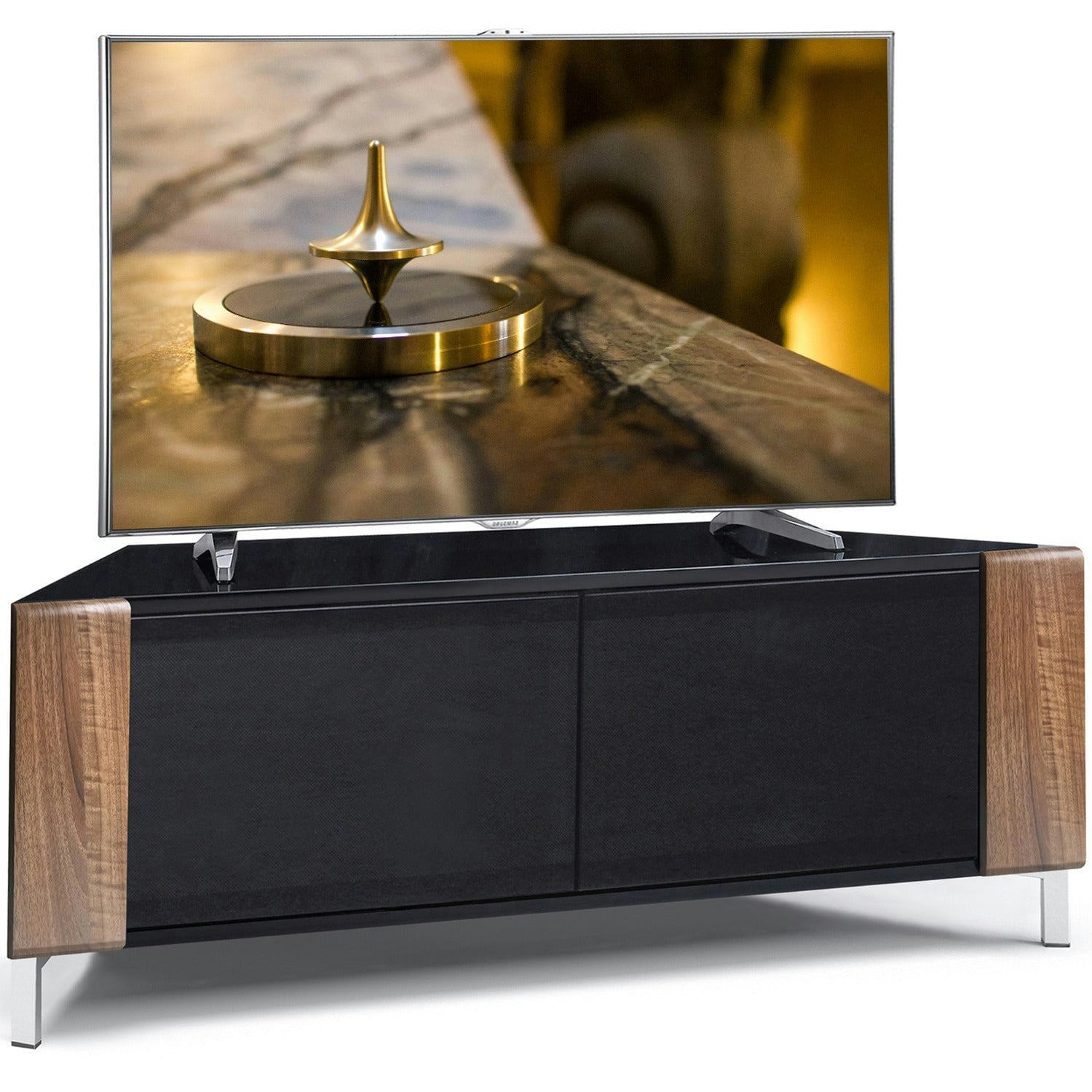 Rackhams Black Corvus Corner-Friendly Gloss Contemporary Cabinet With Walnut Profiles Beamthru Glass Doors For Flat Screen Tvs Up To 50"