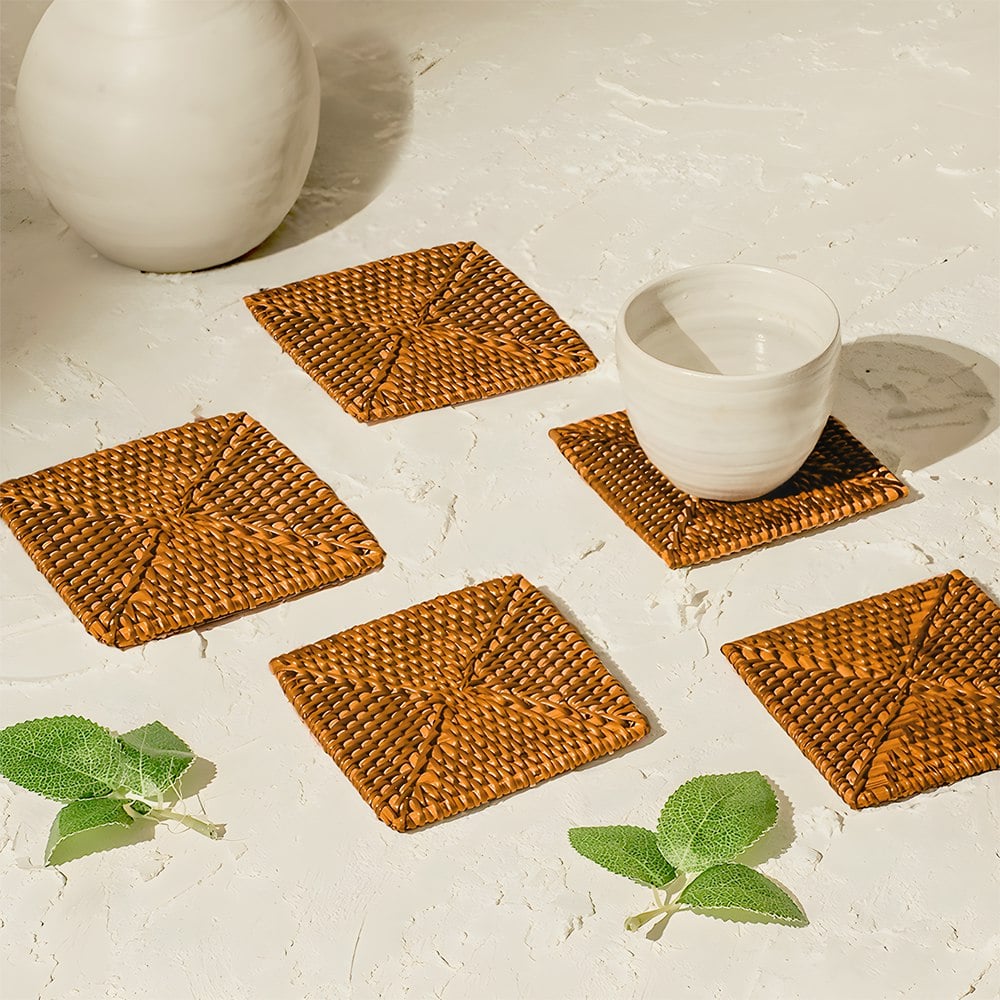 Coastal Villa Homeware Dark/Brown Rattan Square Coasters