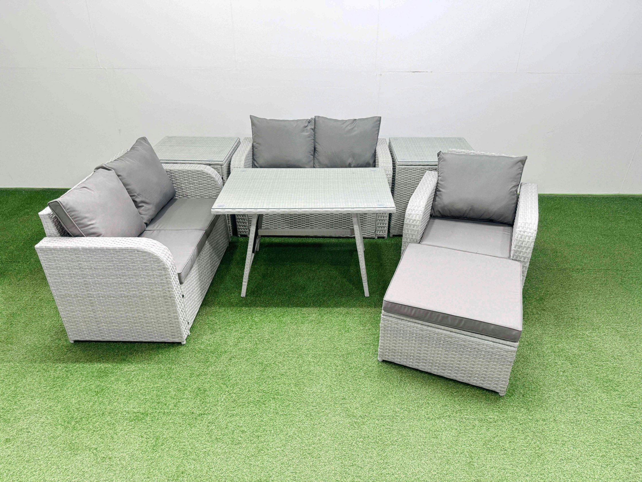 Rackhams Light/Grey 6 Seater Outdoor Rattan Garden Furniture Set Love Sofa Reclining Chair Set With Rectangular Dining Table 2 Side Tables Big Footstool