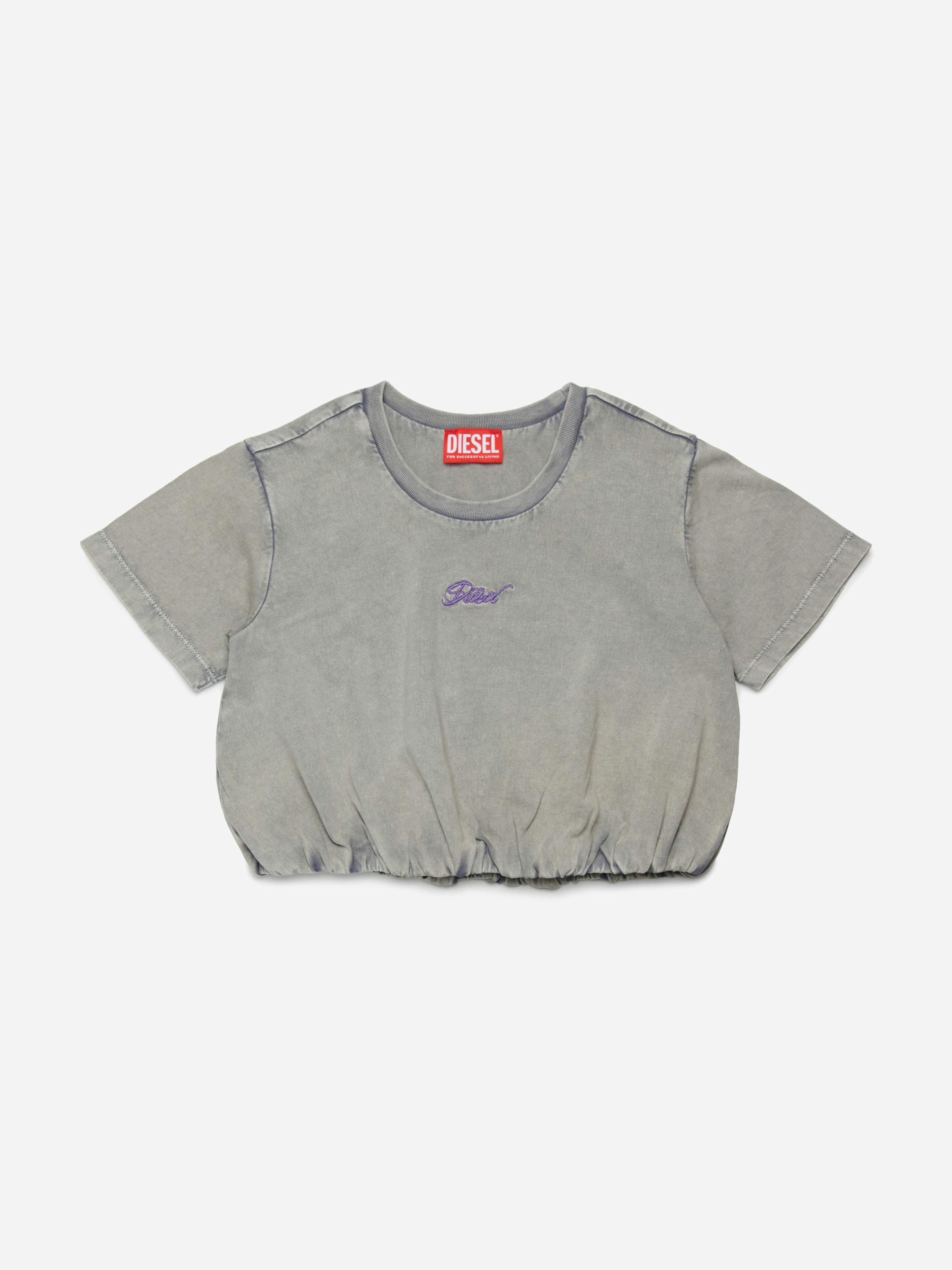Diesel Girls Grey Embroidered Logo Cropped T-Shirt In - 16 Yrs