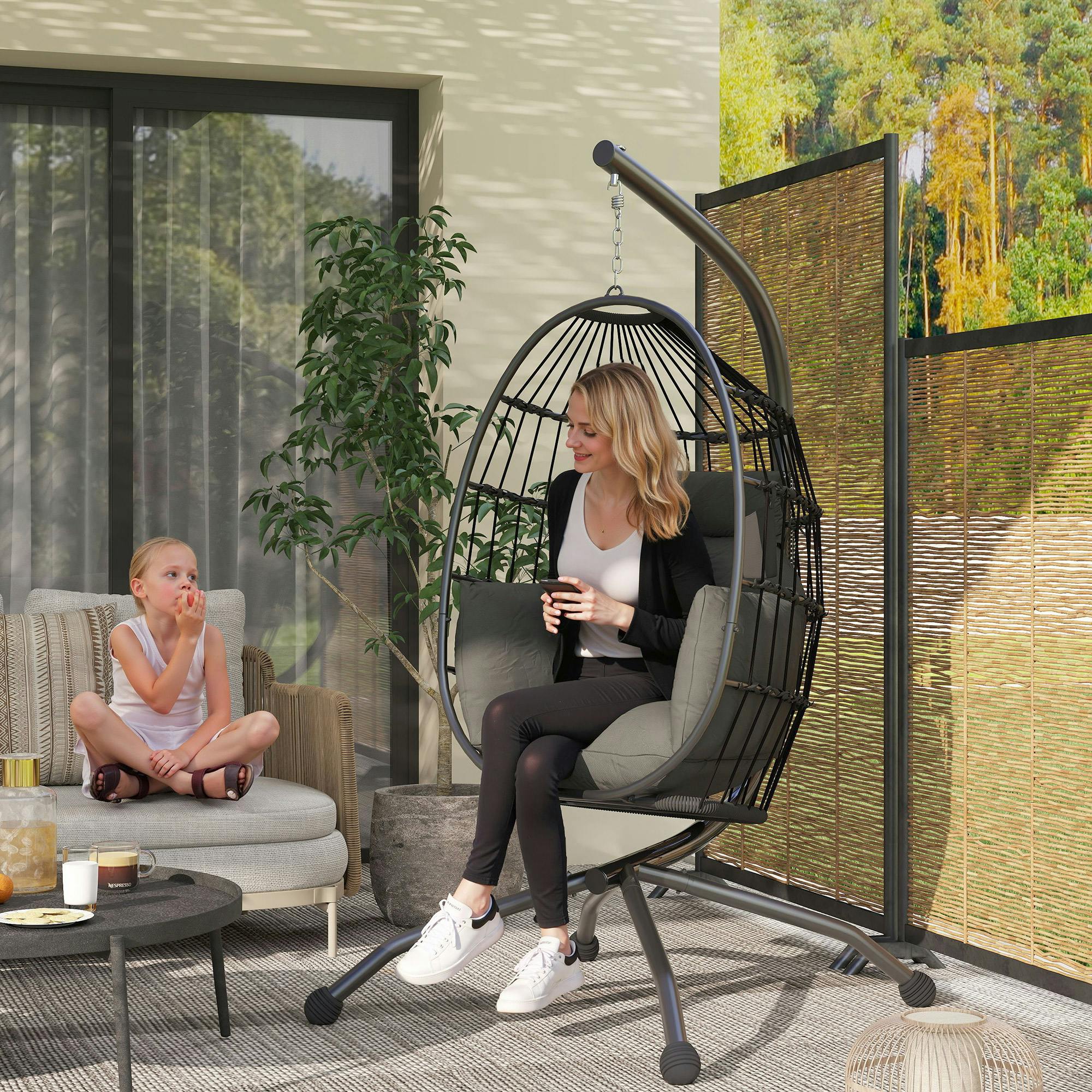 Outsunny Unisex Dark Grey Egg Chair Outdoor Indoor Garden Swing Chair, Folding Basket, Grey In - Image 3