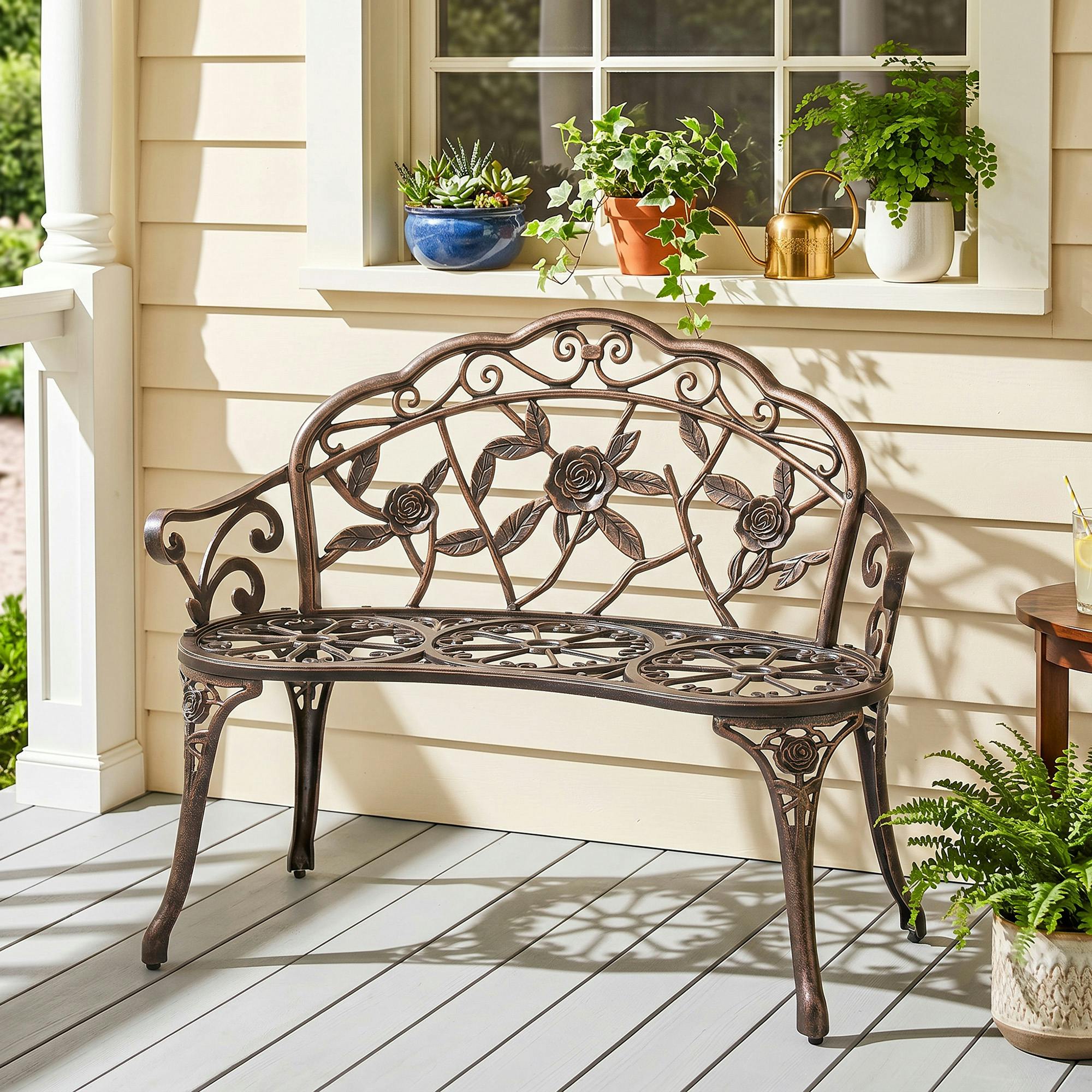 Rackhams Bronze Garden Bench Porch Park Seat Vintage Rose Style Cast Aluminium - Cast Aluminium, Cast Metal - Cast Aluminium Garden Bench - Tone