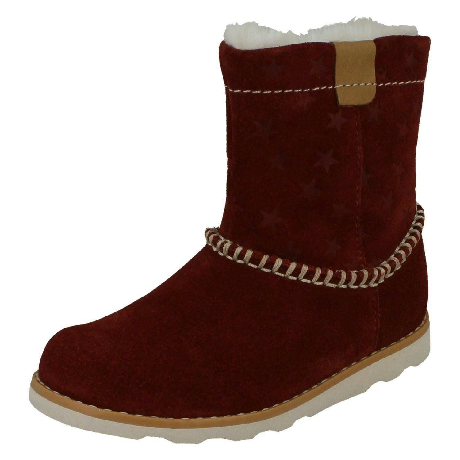Clarks Girls Dark/Red Casual Warmlined Boots Crown Piper - Uk 4.5 Infant - G