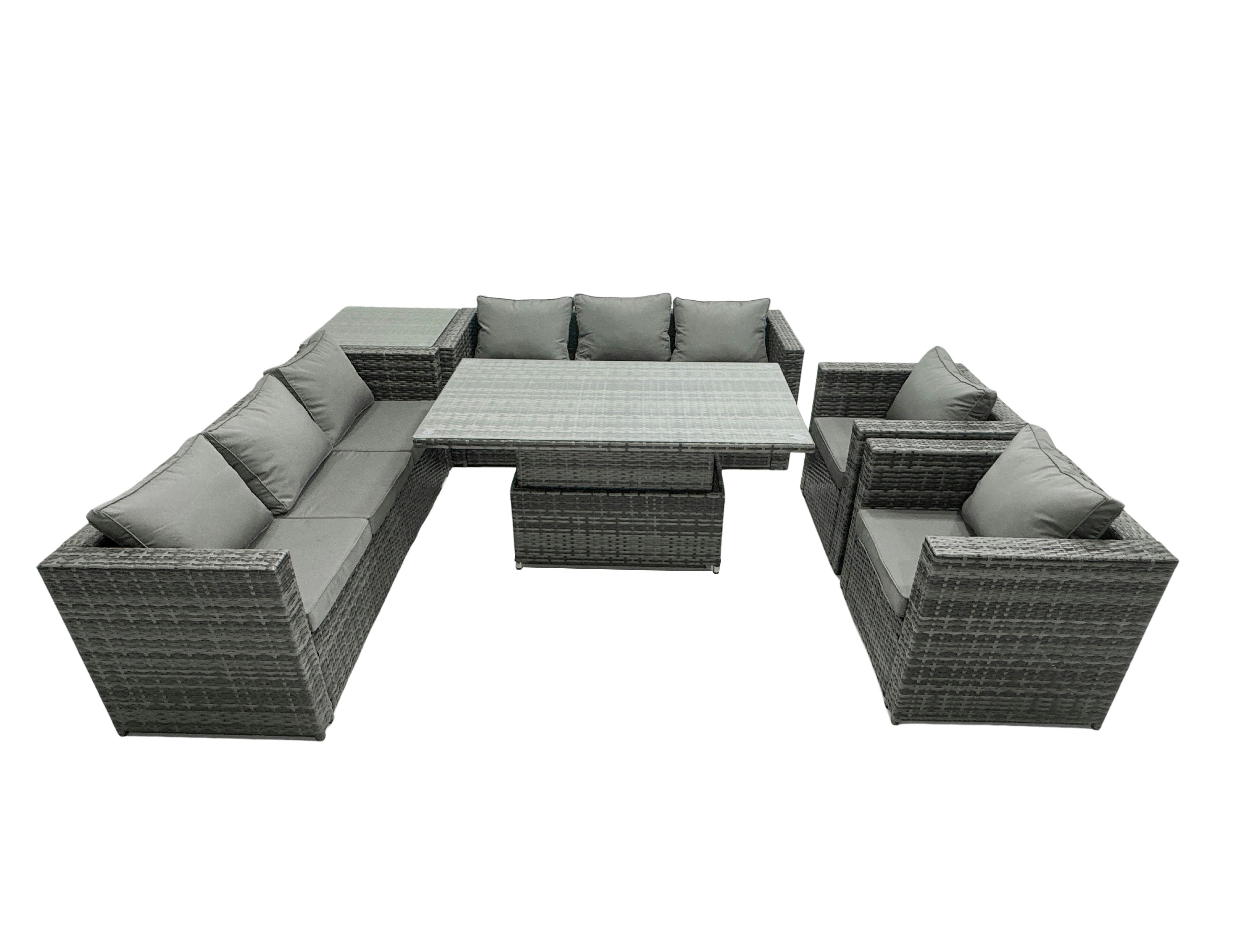 Fimous Dark/Grey 8 Seater?Outdoor Rattan Garden Furniture Adjustable Rising Lifting Table Chairs Mixed