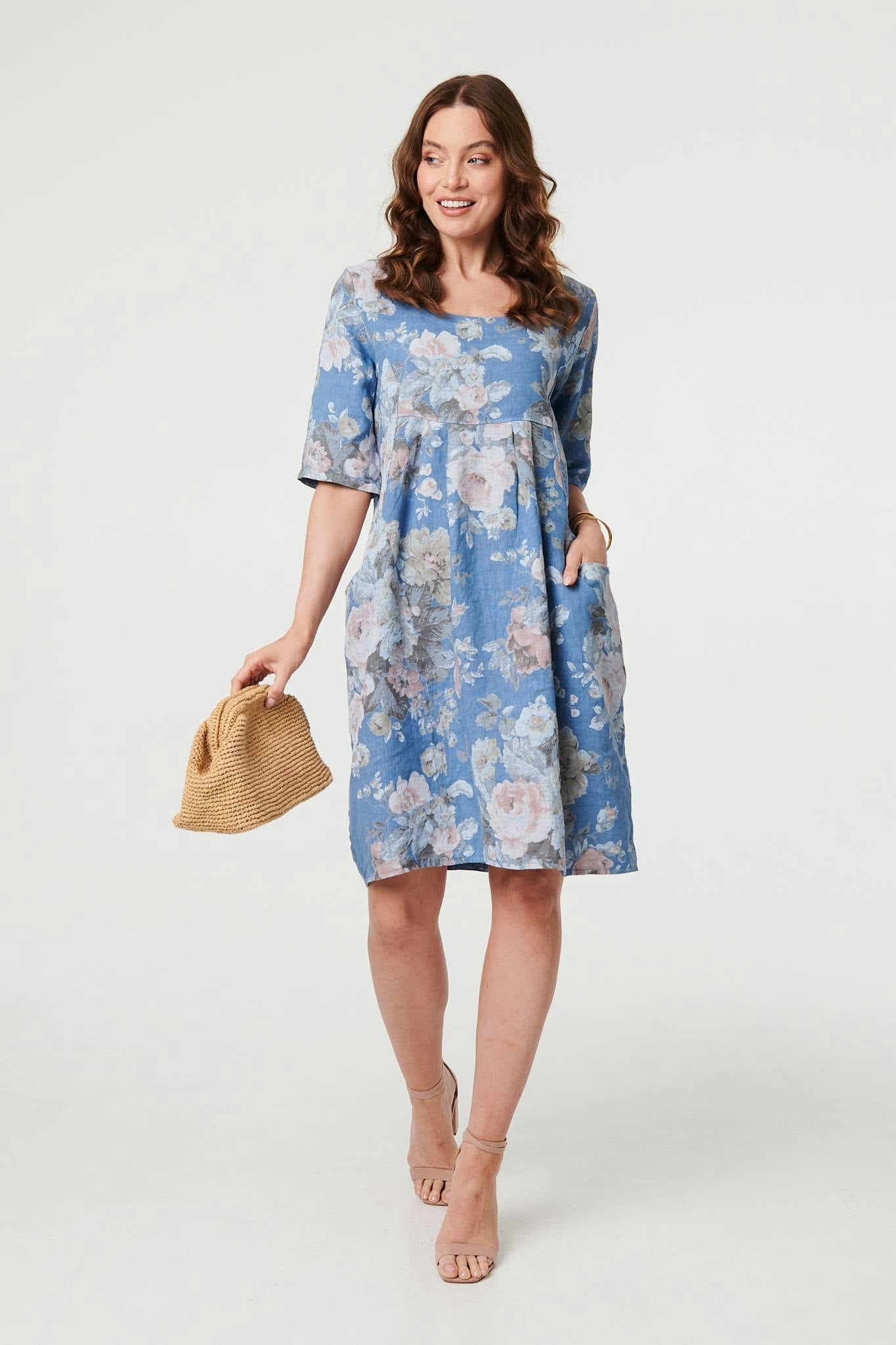 Izabel London Blue Floral 3/4 Sleeve Relaxed Short Dress - 8
