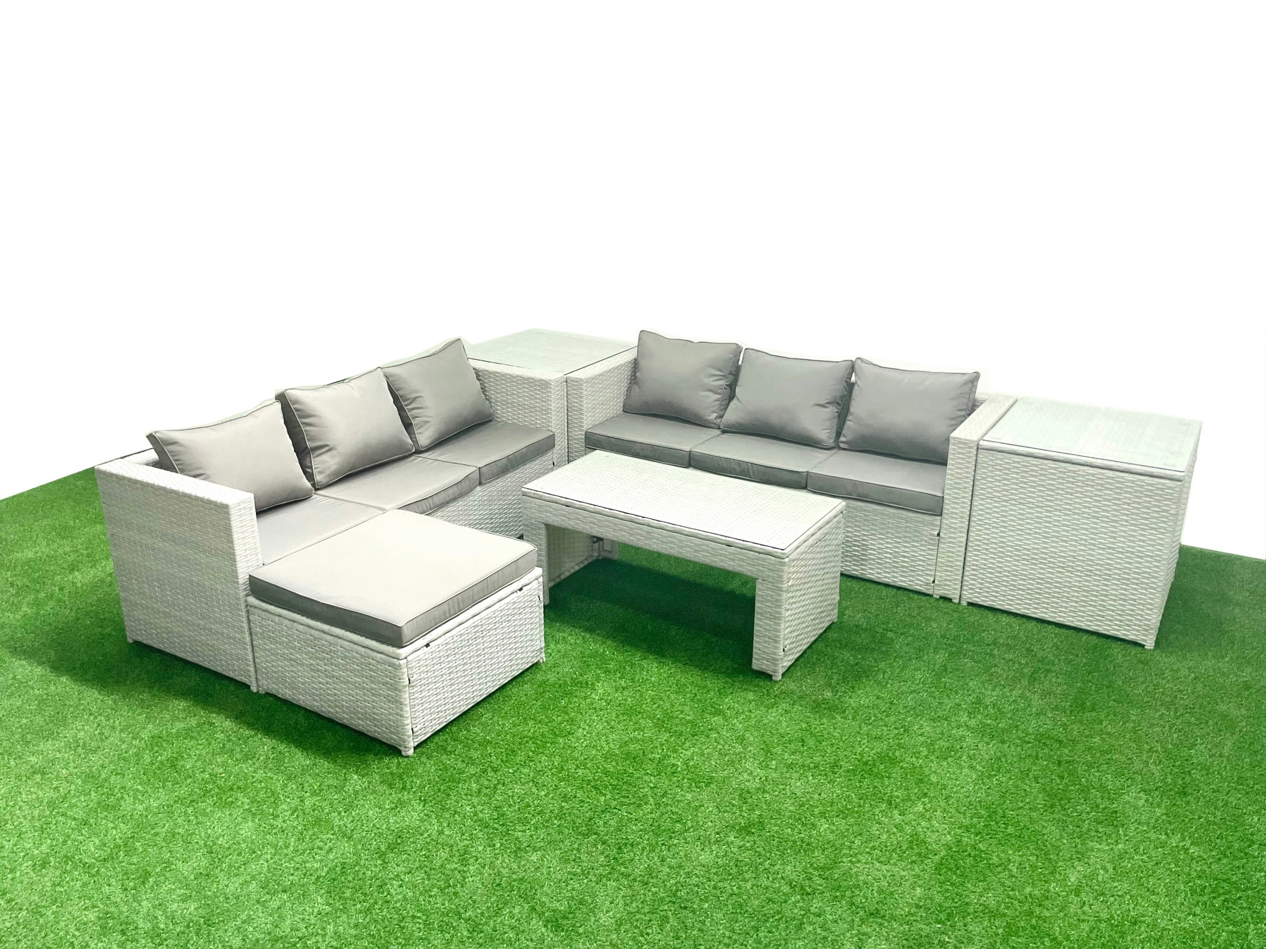 Rackhams Light/Grey 7 Seater Garden Outdoor Rattan Furniture Set Rattan Garden Sofa Oblong Coffee Table With Big Footstool 2 Side Tables Mixed