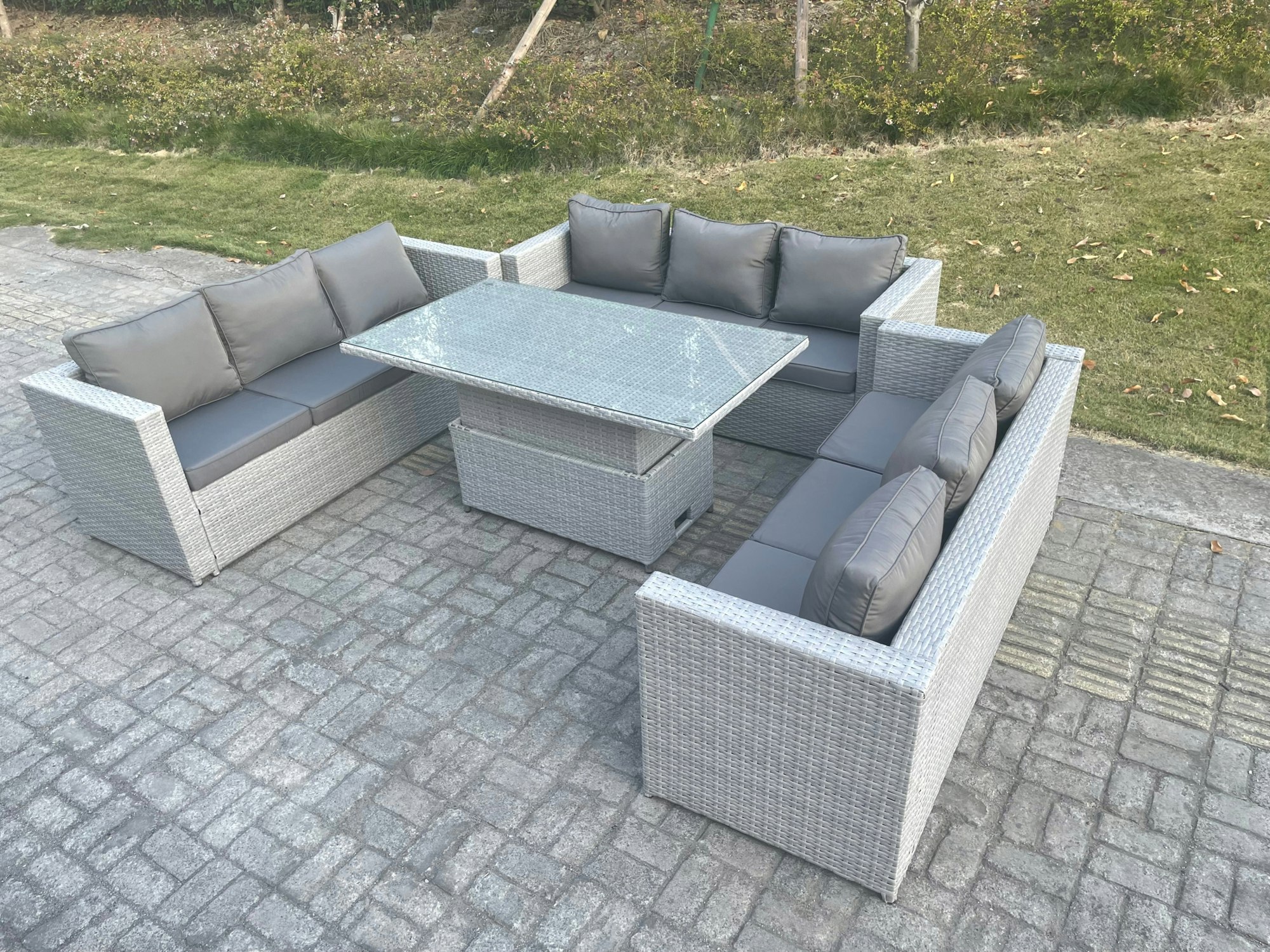 Rackhams Light/Grey/Dark Lounge Rattan Garden Furniture Set Height Adjustable Rising Lifting Table Dining Set