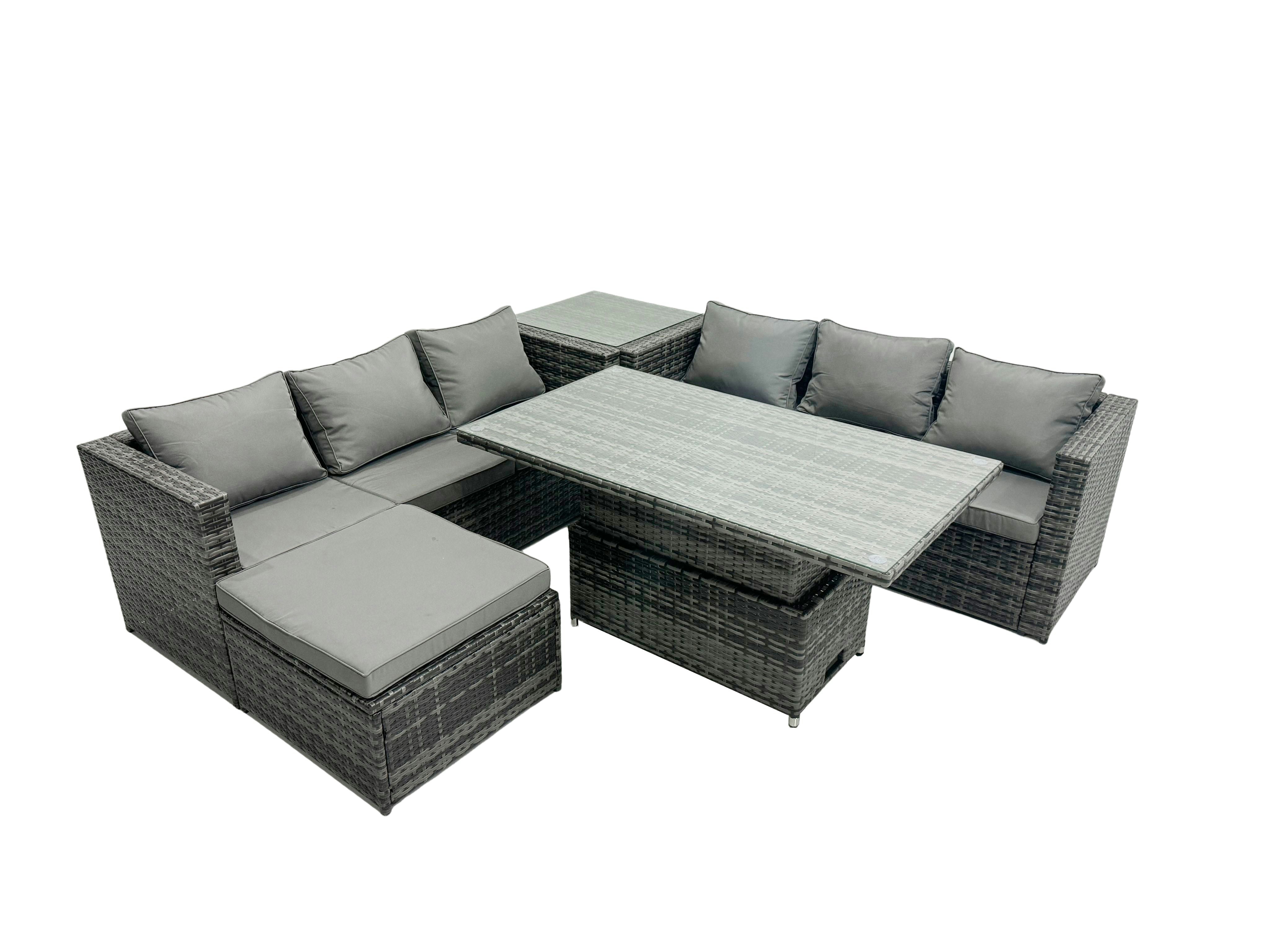 Fimous Dark/Grey 7 Seater?Outdoor Rattan Sofa Set Adjustable Rising Lifting Dining Table Side Tea Coffee Table Footstool Mixed