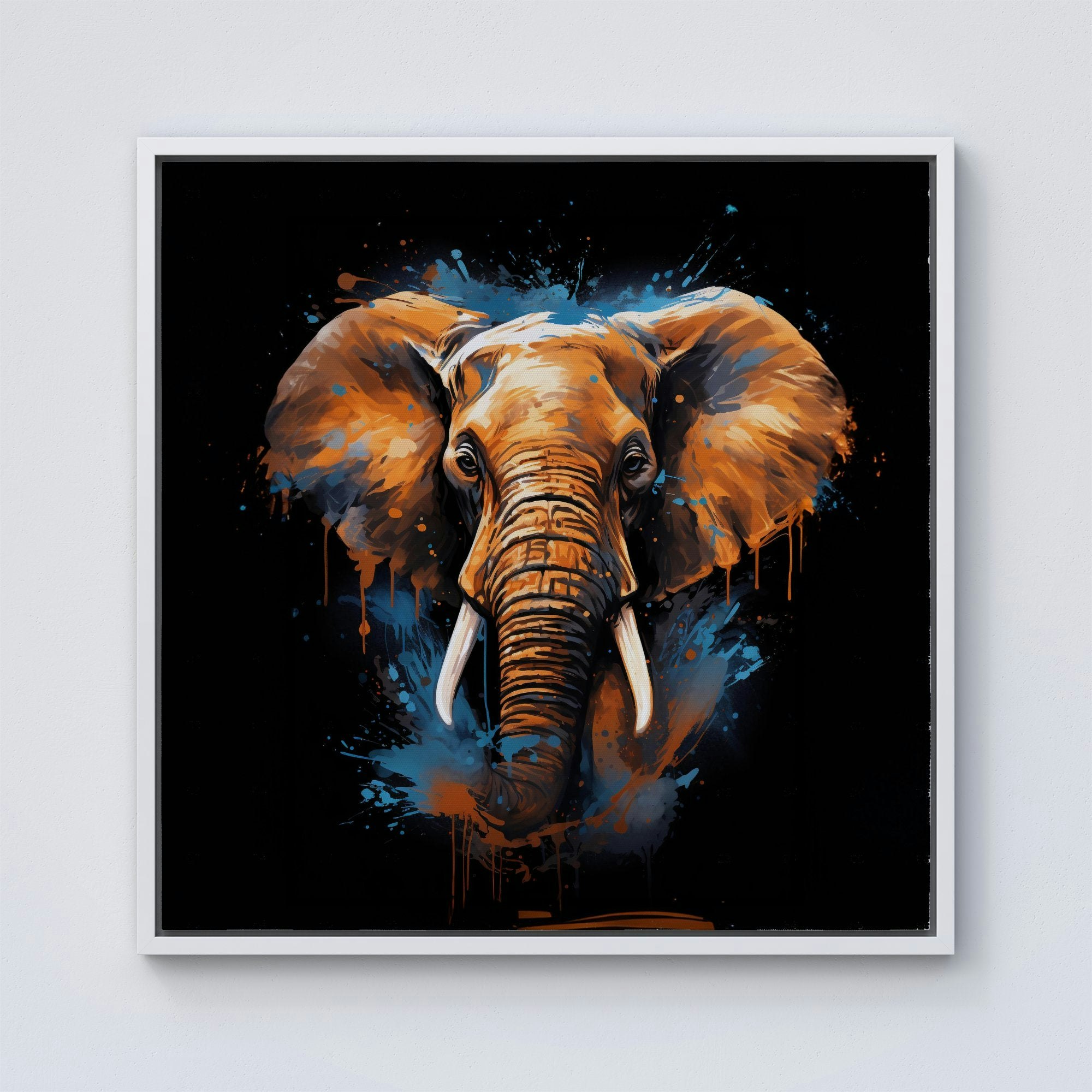 Rackhams Blue/White Splash Art Elephant Framed Canvas - 30" X 30"