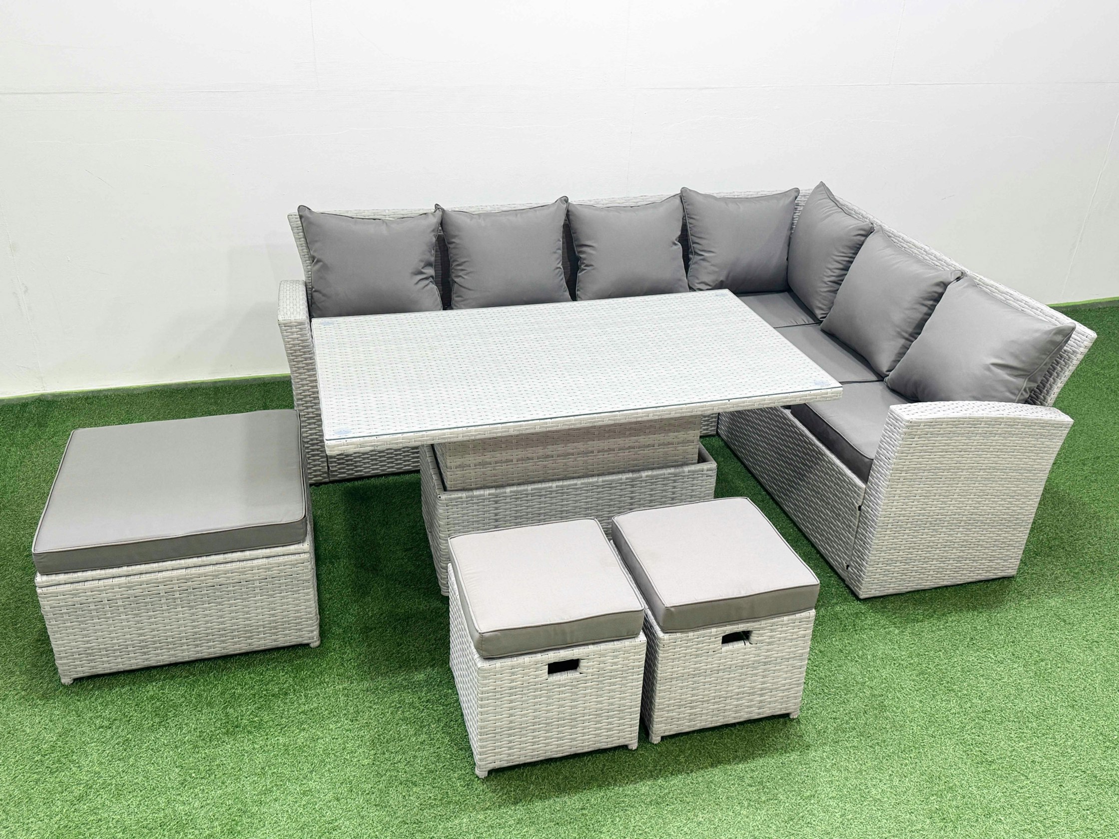 Fimous Light/Grey 9 Seat Rattan Garden Furniture Corner Sofa Set Outdoor Adjustable Lifting Dining Or Coffee Table Set With Armchair 3 Footstools