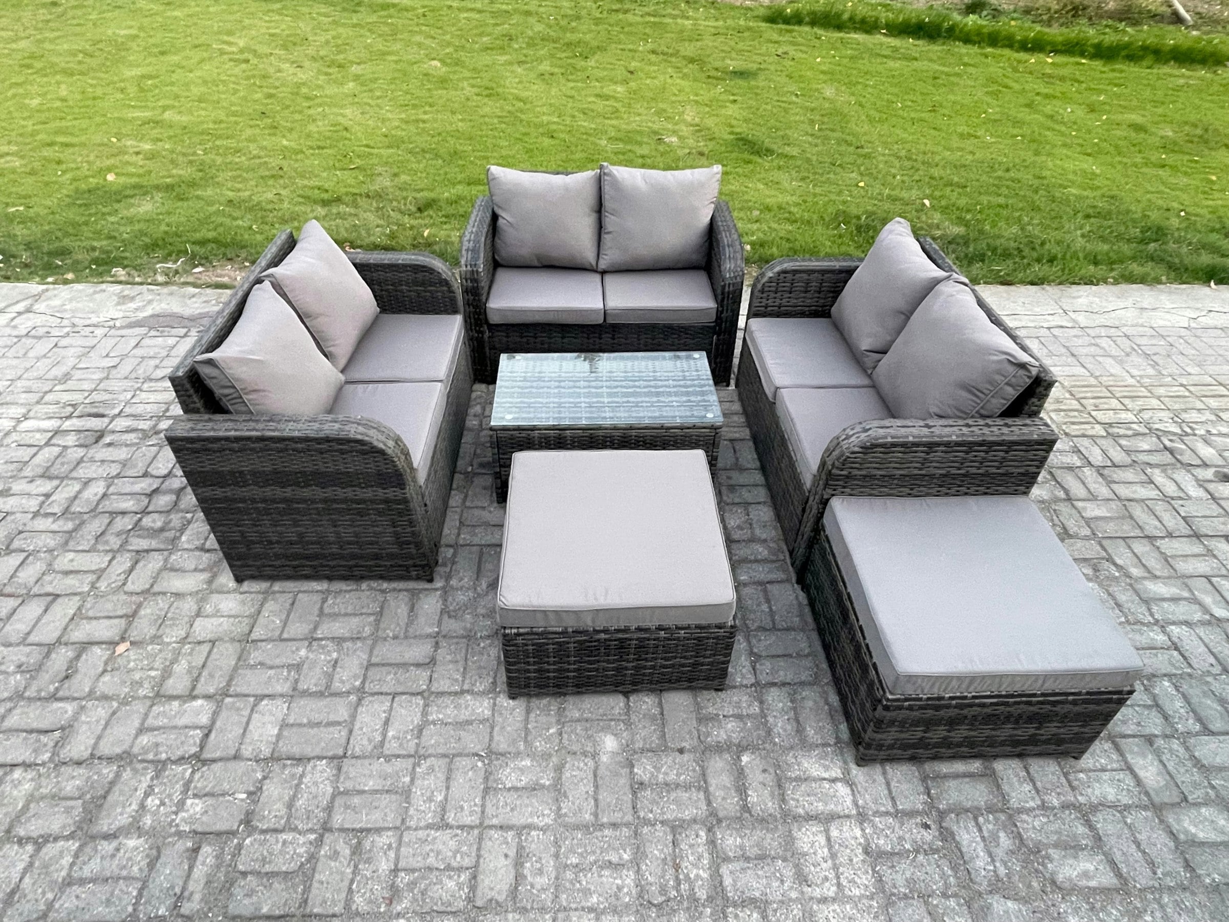 Rackhams Dark/Grey 8 Seater Garden Furniture Set Rattan Outdoor Lounge Sofa Chair With Tempered Glass Table 2 Big Footstool Mixed