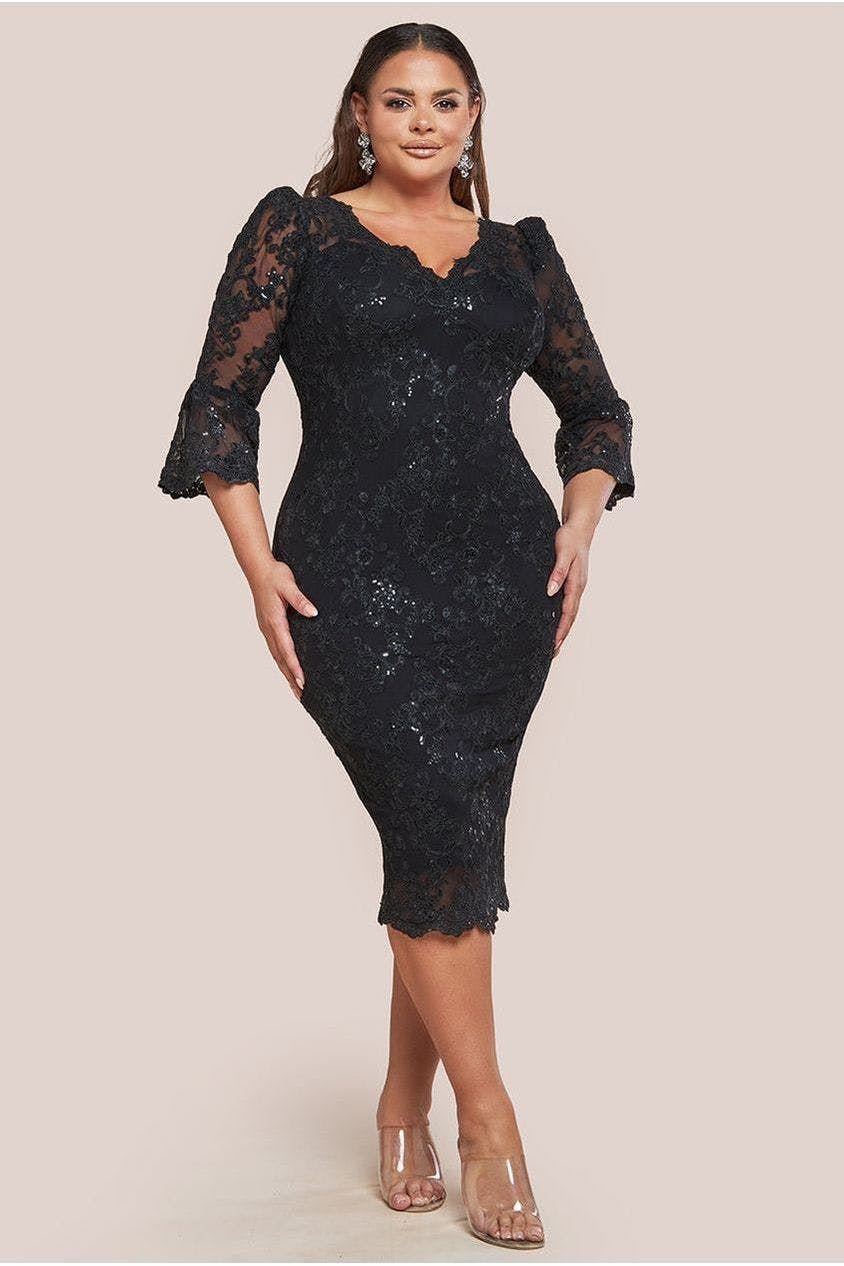 Goddiva Plus Black Scallop Lace Midi Dress - By - 26