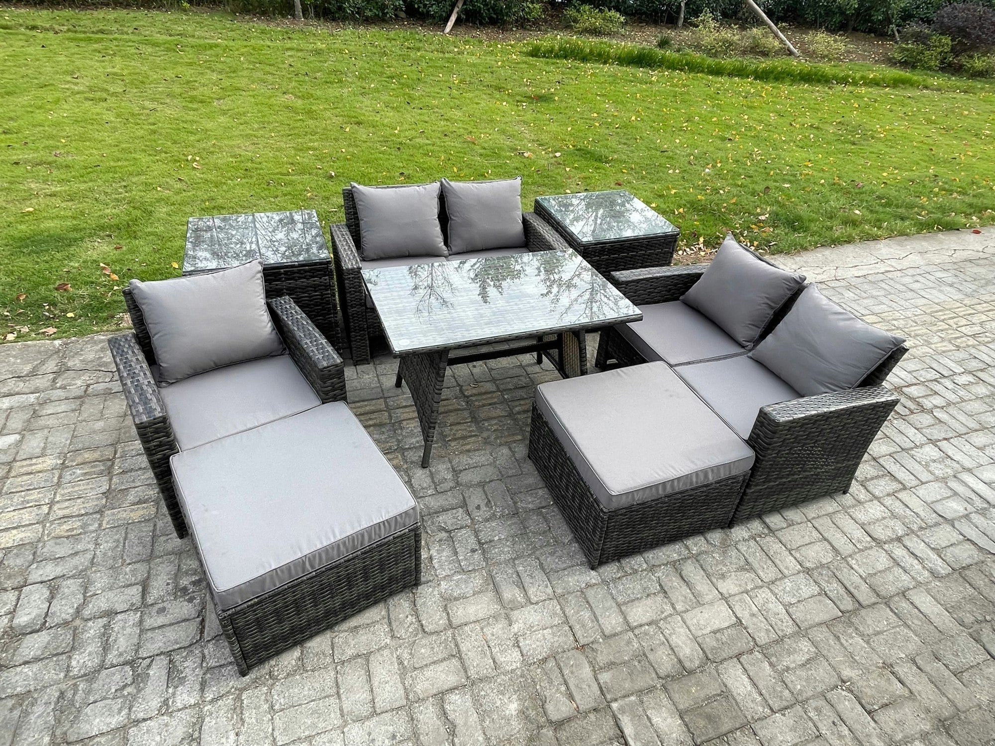 Rackhams Dark/Grey Garden Dining Set - Mixed Pe Wicker Rattan Outdoor Sofa With Rectangular Dining Table & 2 Big Footstools