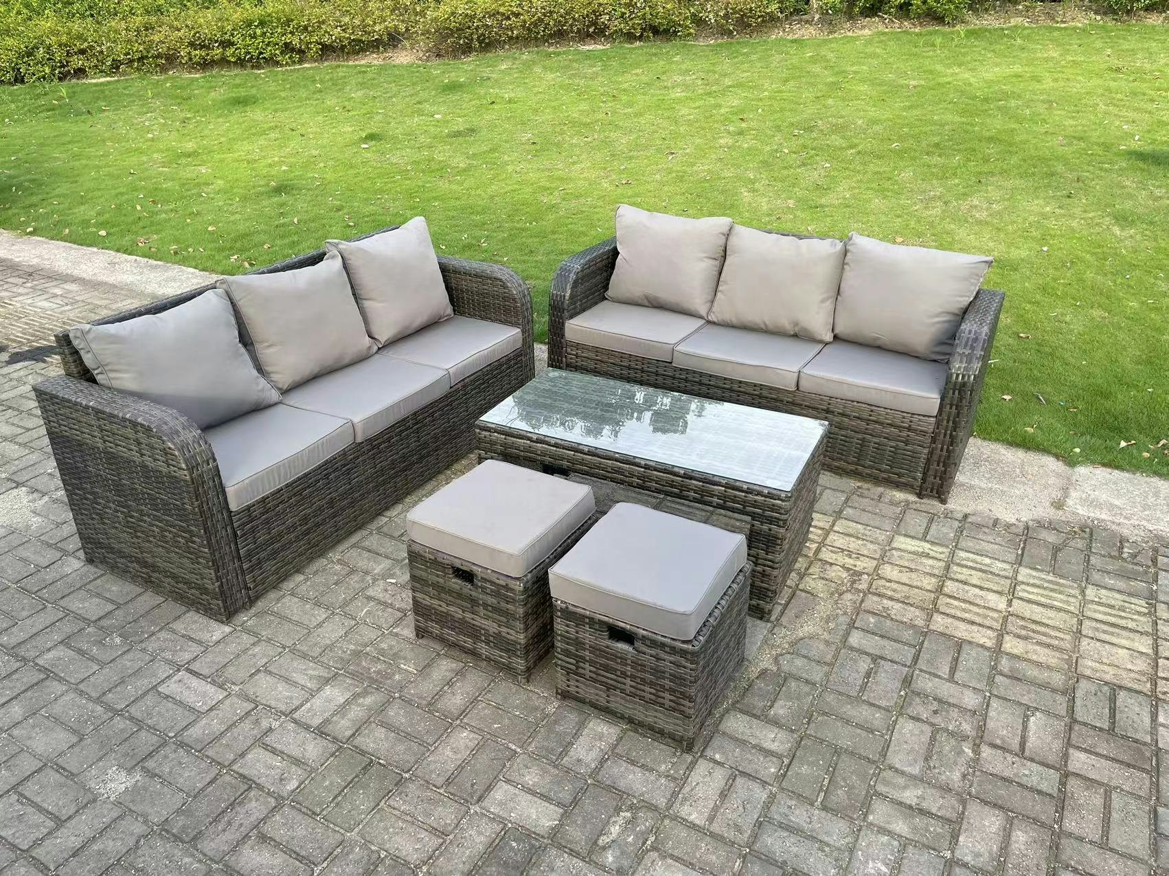 Fimous Dark/Grey Pe Wicker High Back Rattan Garden Furniture Set Lounge Sofa 3 Seater Sofa Set Outdoor Rectangular Coffee Table Stools 8 Seater