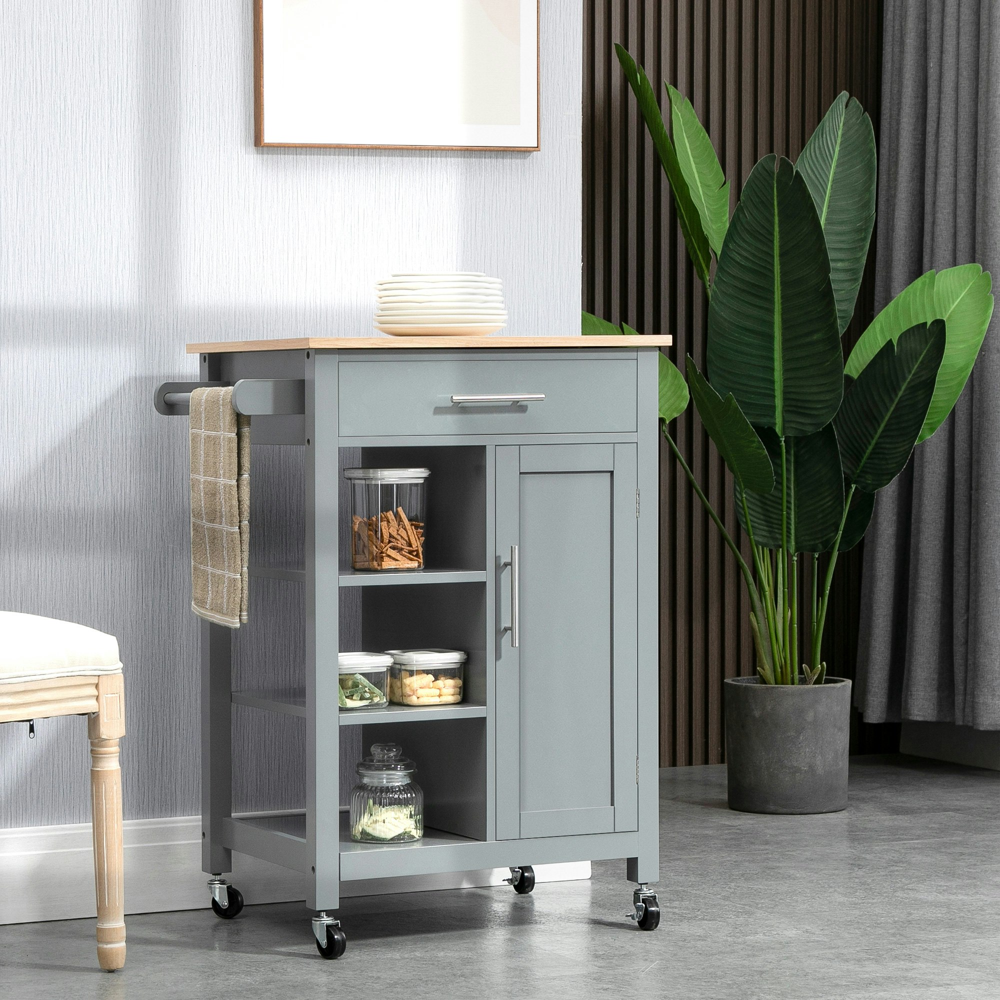 Homcom Grey Compact Kitchen Trolley Utility Cart On Wheels With Open Shelf
