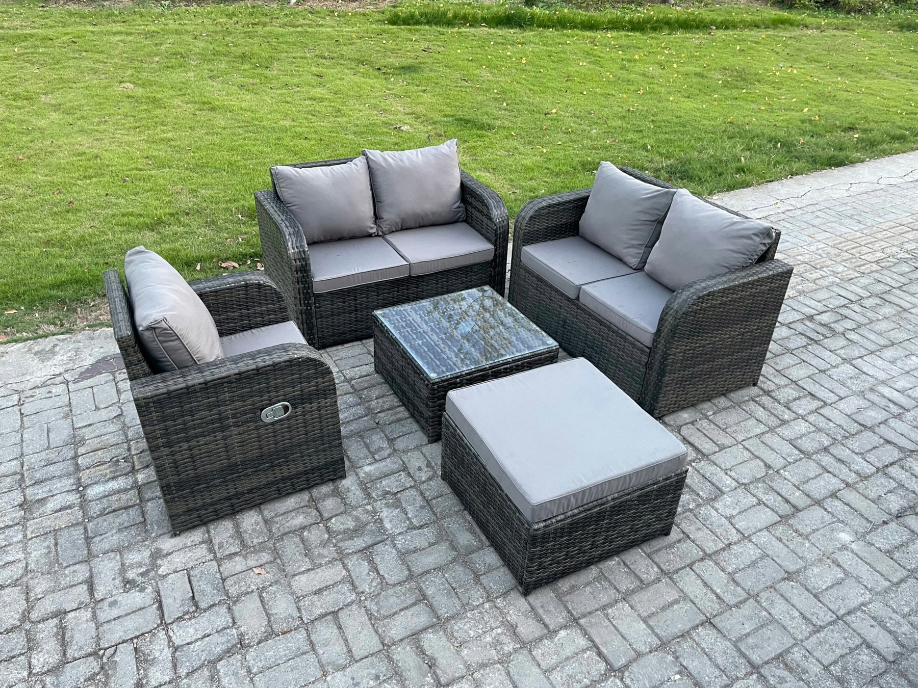 Rackhams Dark/Grey 5 Piece Garden Furniture Sets 6 Seater Outdoor Patio Furniture Set Weaving Wicker Rattan Sofa Chair And Table With Big Footstool