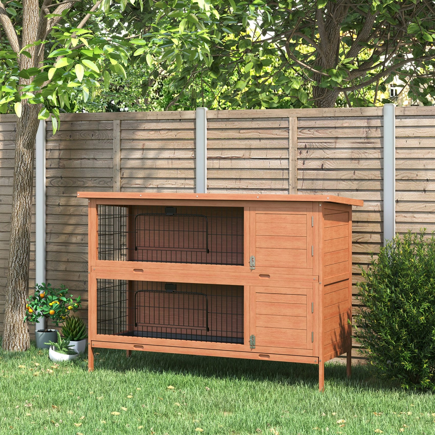 Pawhut Orange 54 Inch Large Rabbit Hutch Guinea Pig Hutches W/ Sliding Trays Outdoor In - Image 3