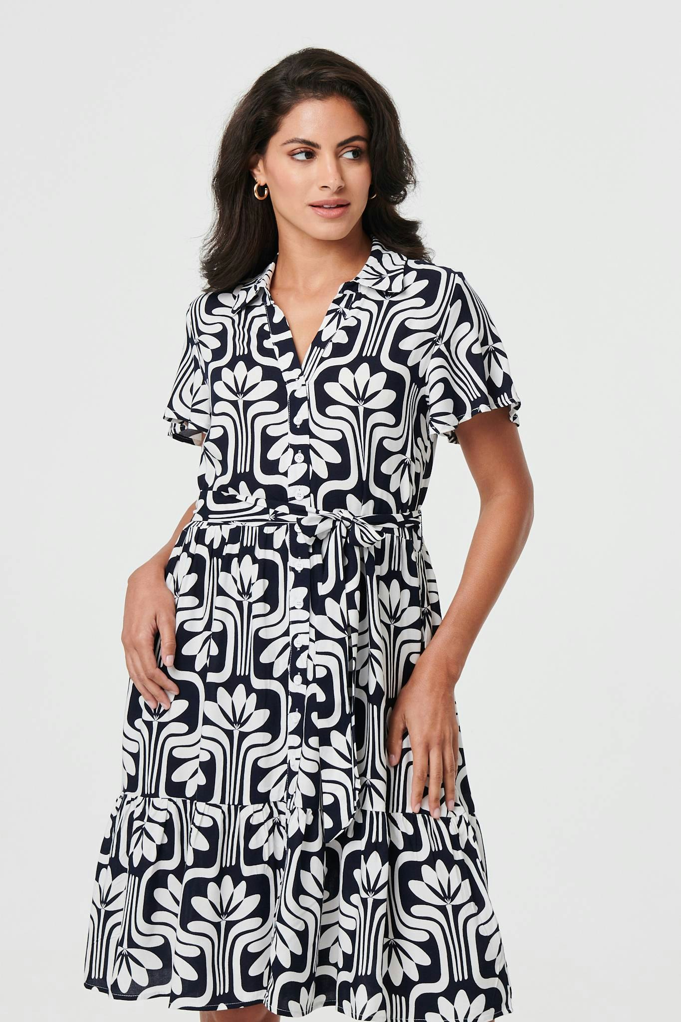 Izabel London Women's Blue Printed Short Sleeve Mini Shirt Dress - Navy - 8