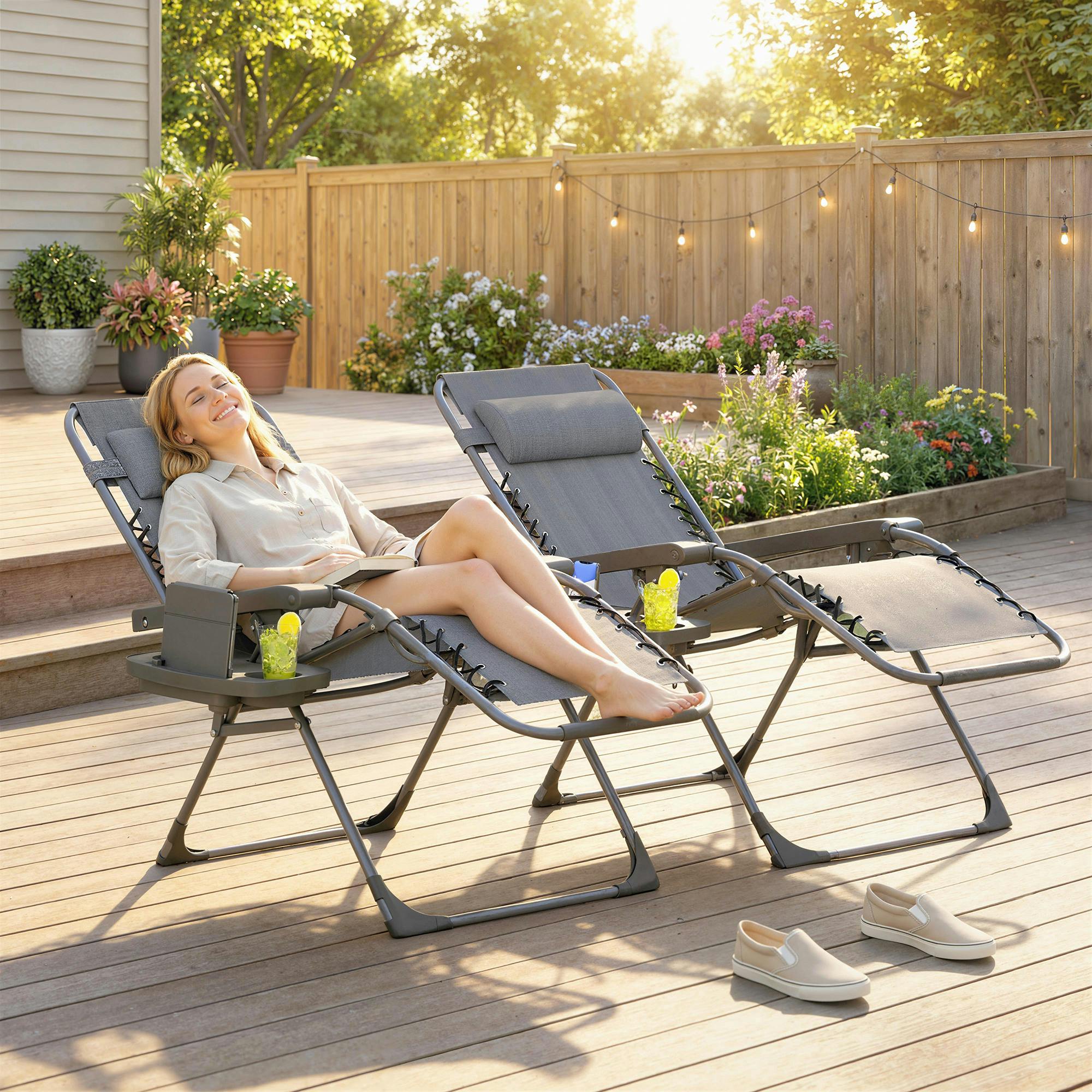 Rackhams Dark/Grey Zero Gravity Chairs Set Of 2 With Cup Holder, Headrest - Zero Gravity Chairs
