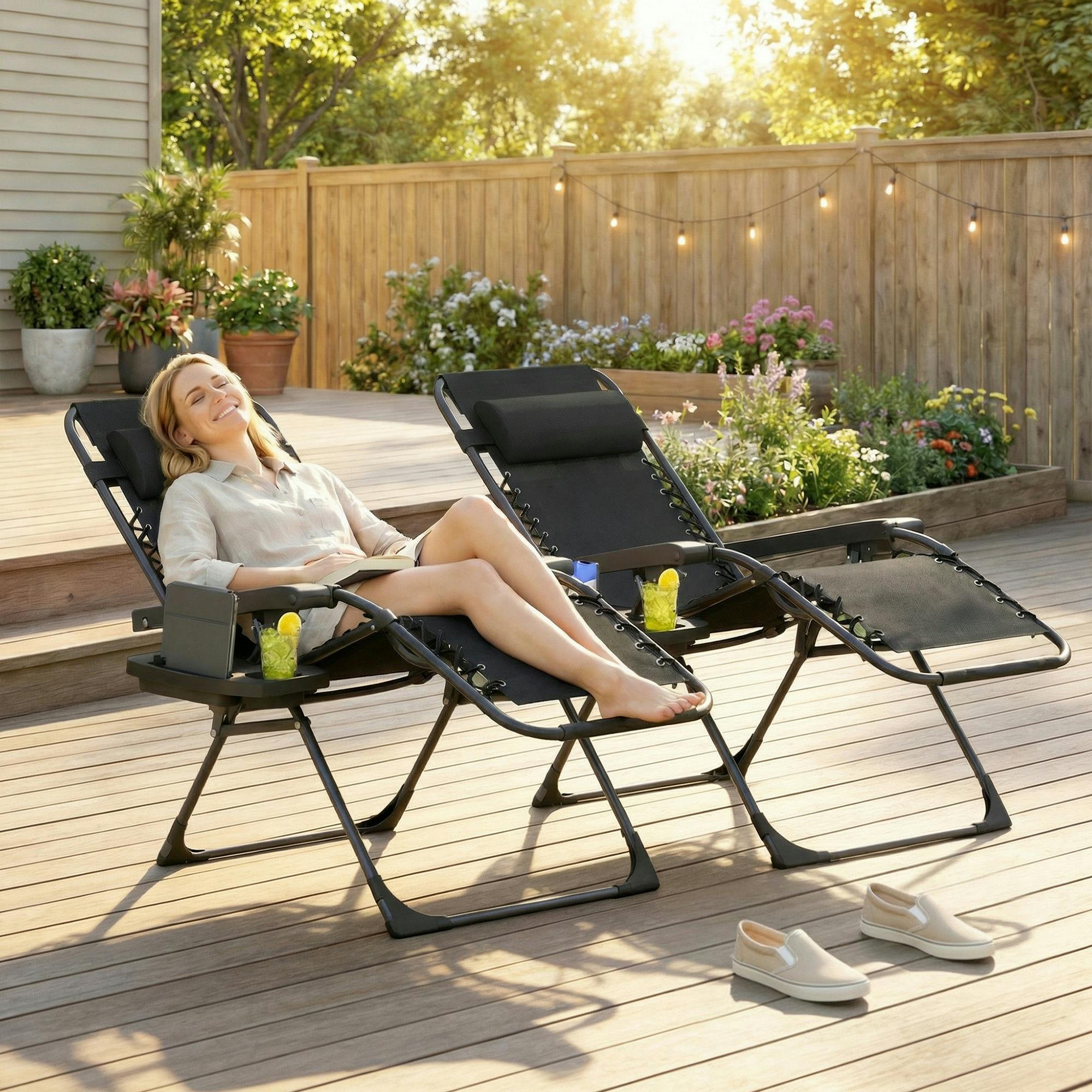 Outsunny Black Zero Gravity Chairs Set Of 2 With Cup Holder, Headrest - Zero Gravity Chairs