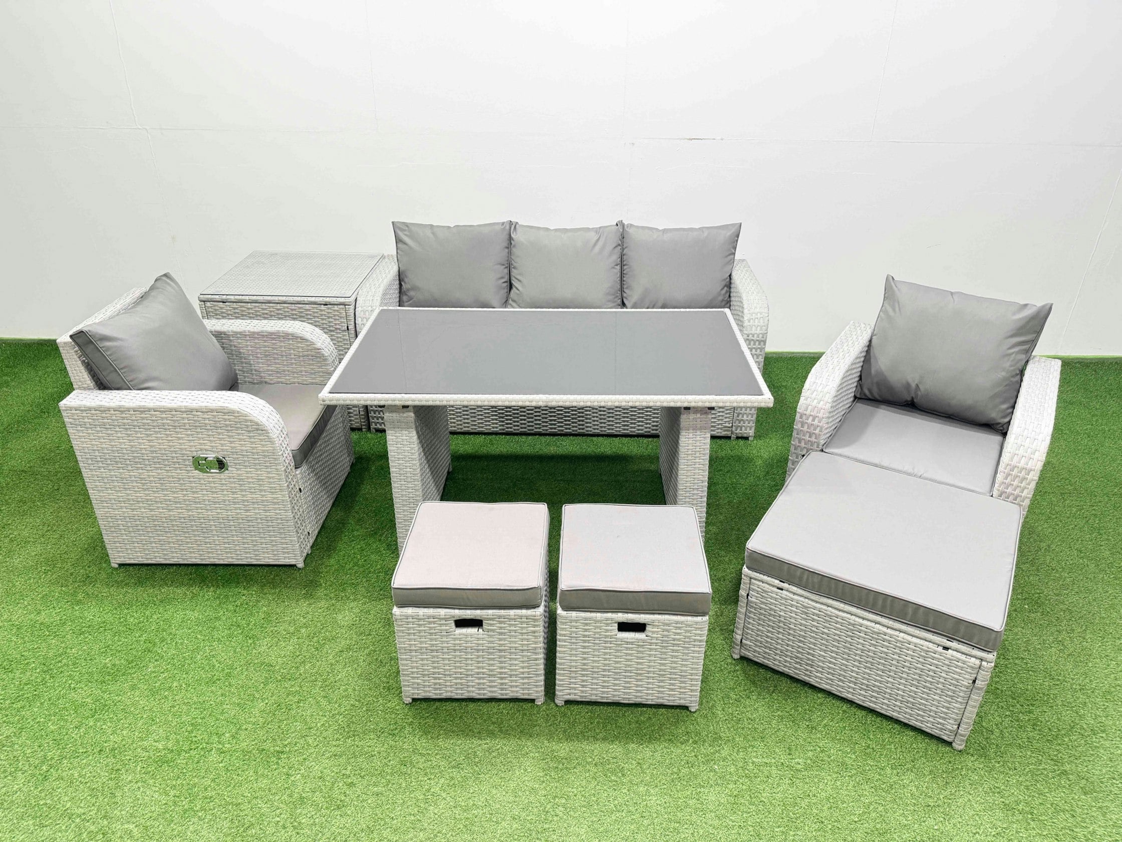 Rackhams Dark/Grey/Light Outdoor Rattan Garden Furniture Dining Set 8 Seater Patio Rectangular Table 3 Seater Sofa Reclining Chair Set With Side Table 3 Stools