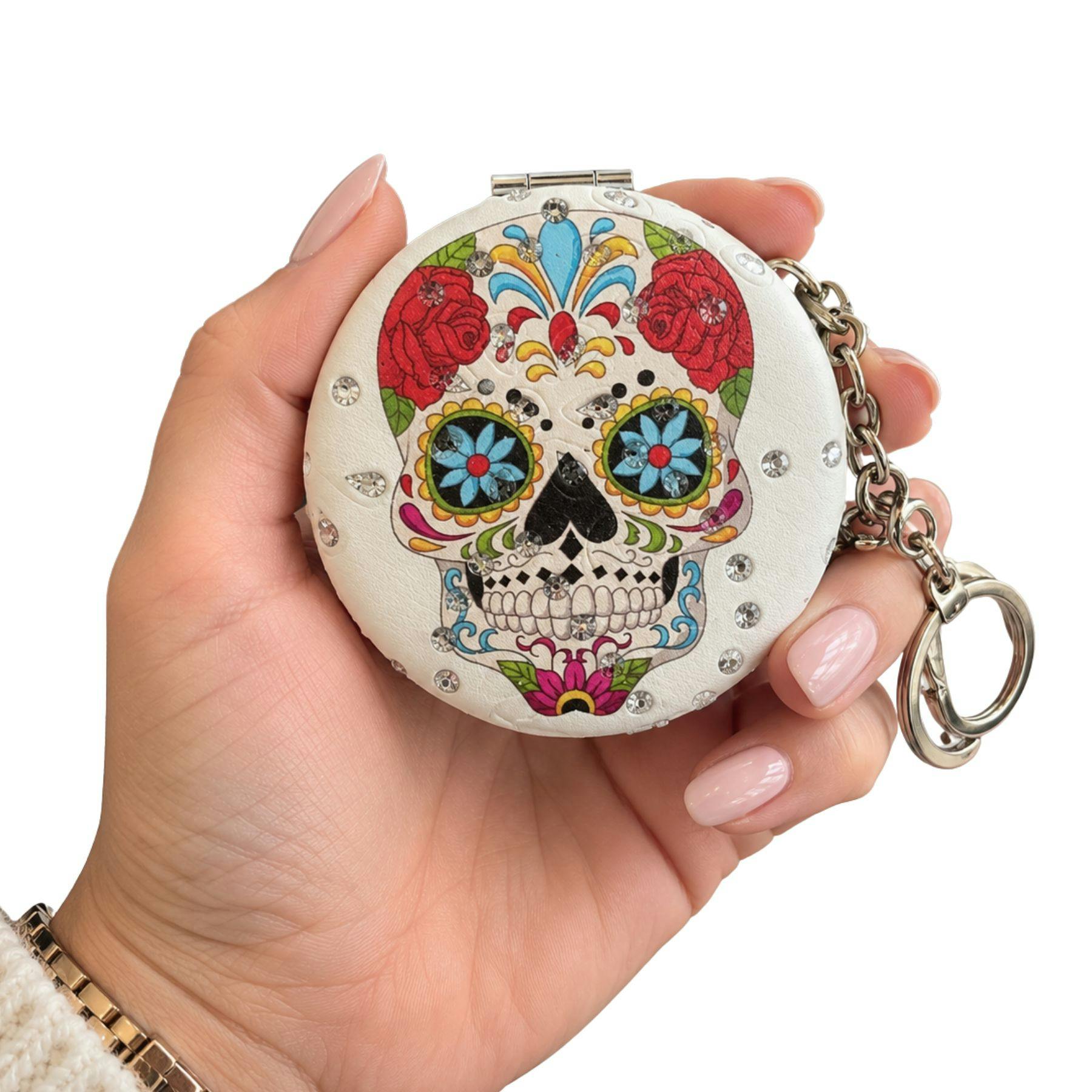 Love Emvy White/Blue Sparkly Sugar Skull Compact Mirror - With Eyes