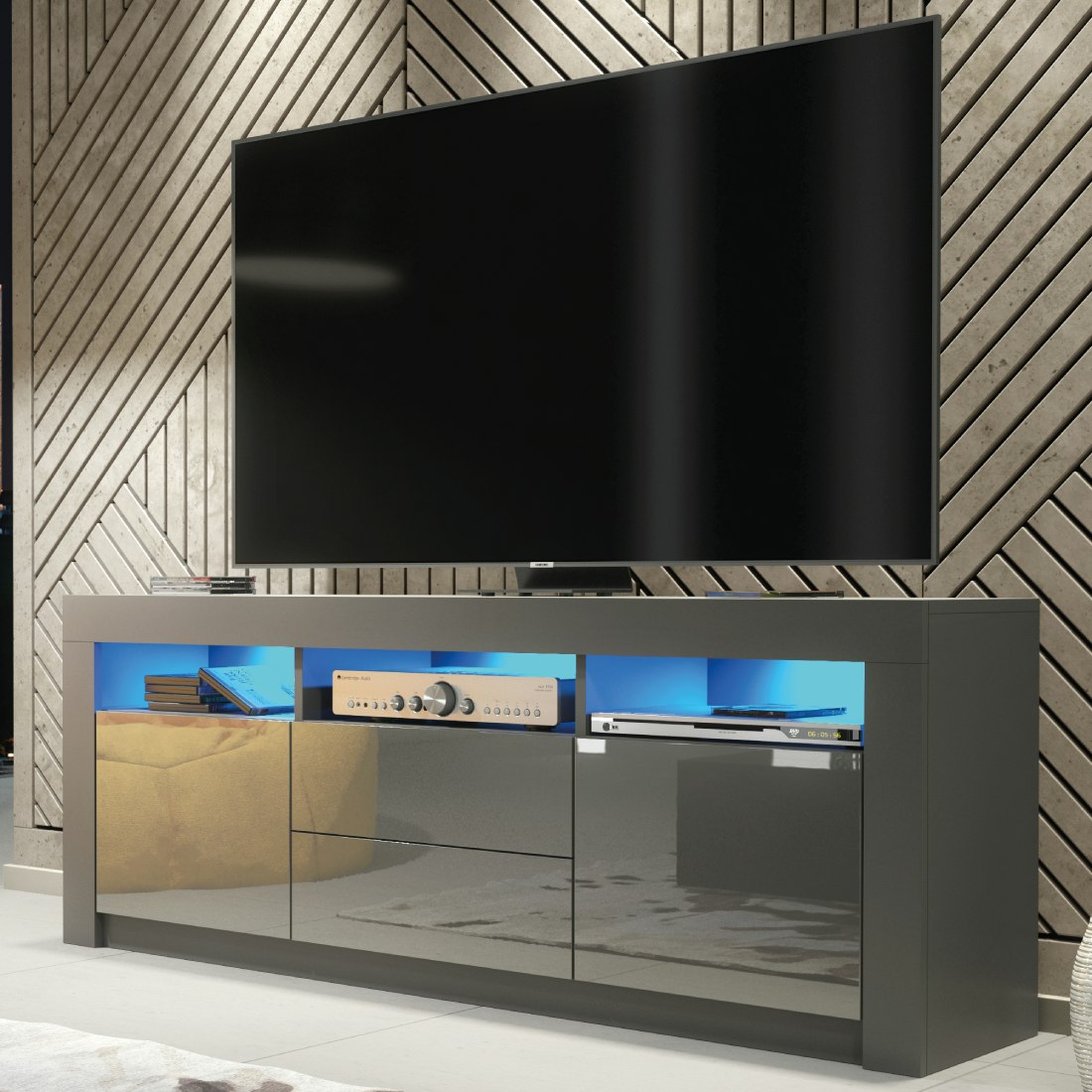 Rackhams Grey Spacious 160Cm Tv Unit & Cabinet With High Gloss Doors - 160 Cm - 1 - Mdf/Chipboard
