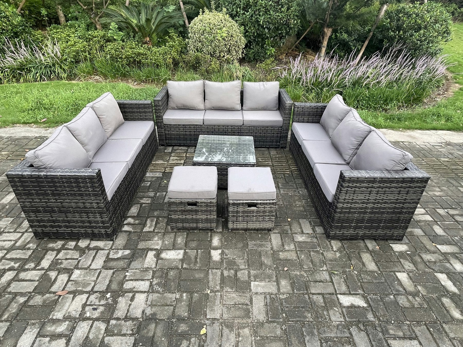 Rackhams Dark/Grey Outdoor Rattan Garden Furniture Set 11 Seater Patio Lounge Sofa Set With Square Coffee Table 2 Small Footstool Mixed