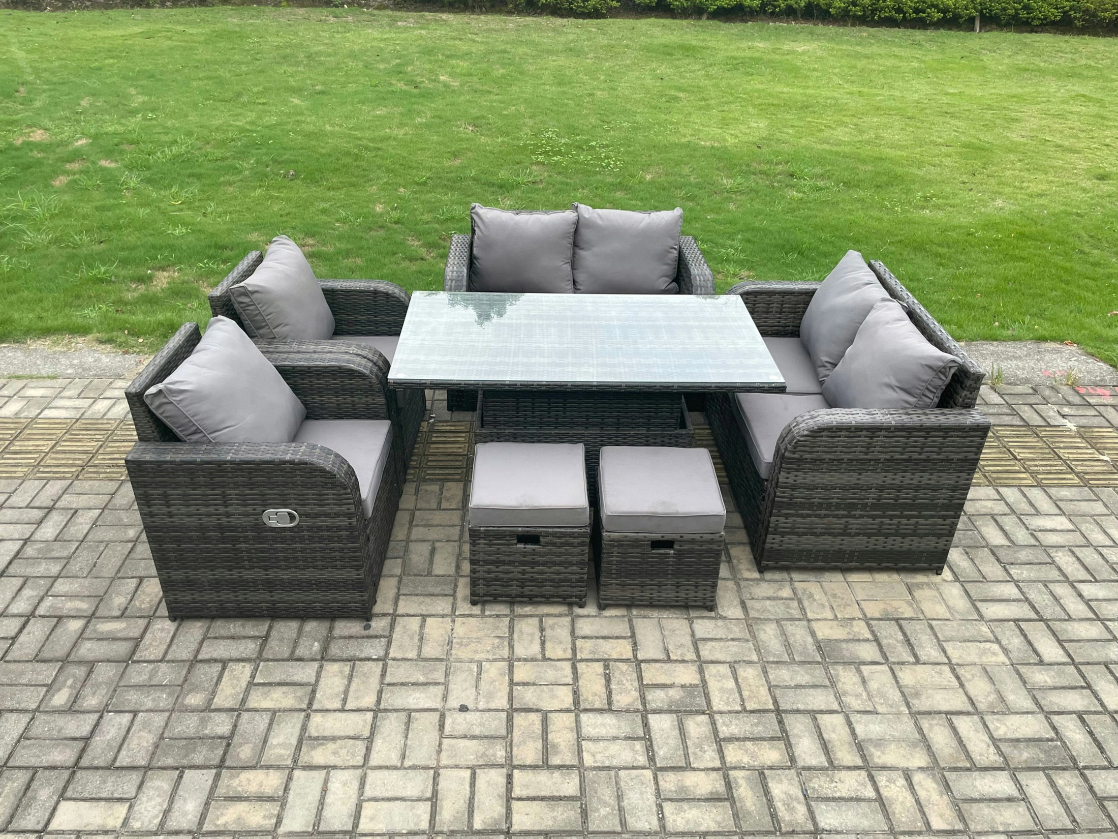 Fimous Dark/Grey Wicker Pe Rattan Furniture Garden Dining Set Outdoor Height Adjustable Rising Lifting Table Love Sofa Chairs With Footstools