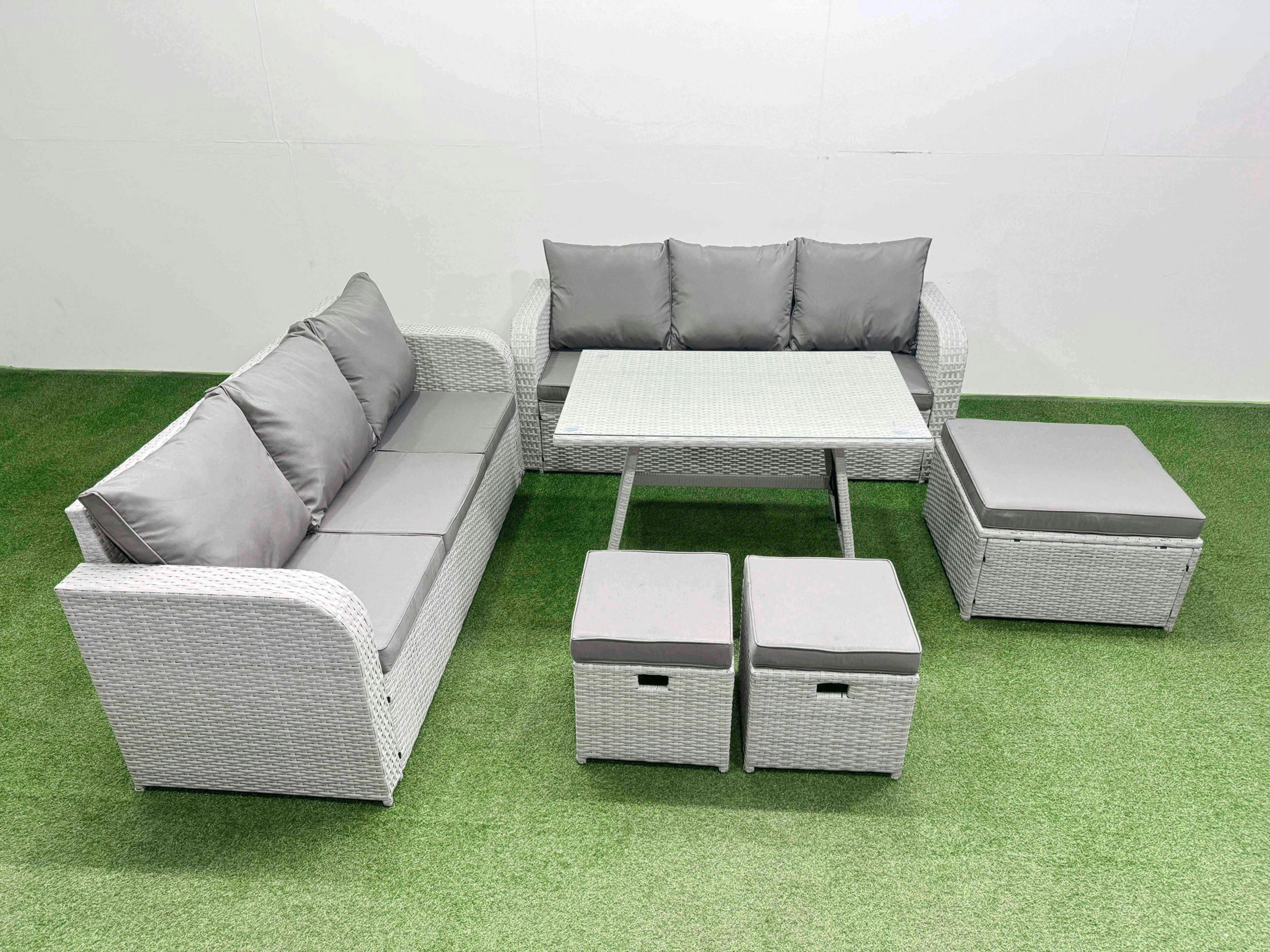 Fimous Light/Grey Patio Dining Table & Chairs Set Rattan High Back Lounge Sofa Set With 3 Seater Sofa 3 Stool