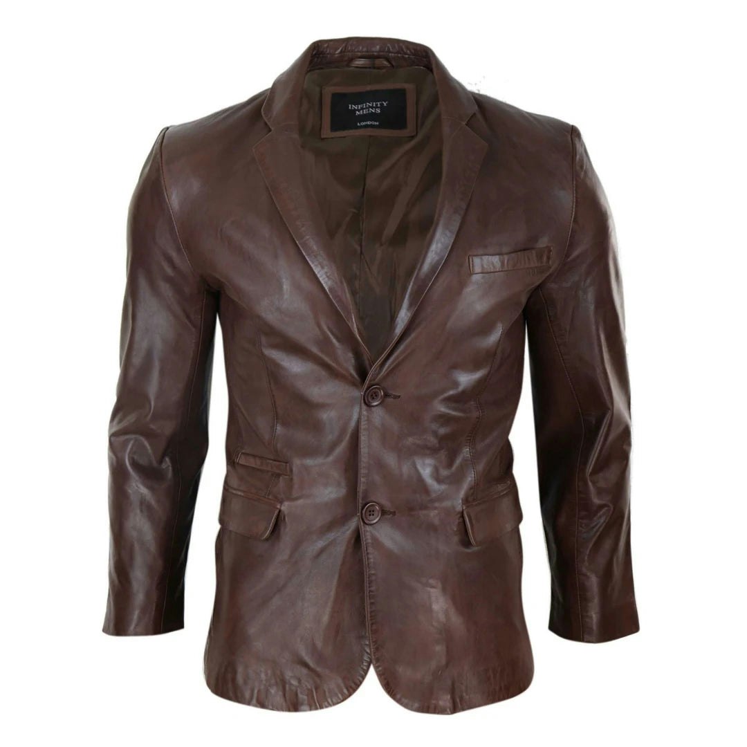 Infinity Leather Men's Brown Leather Company Classic Leather 2 Button Blazer Jacket - Large