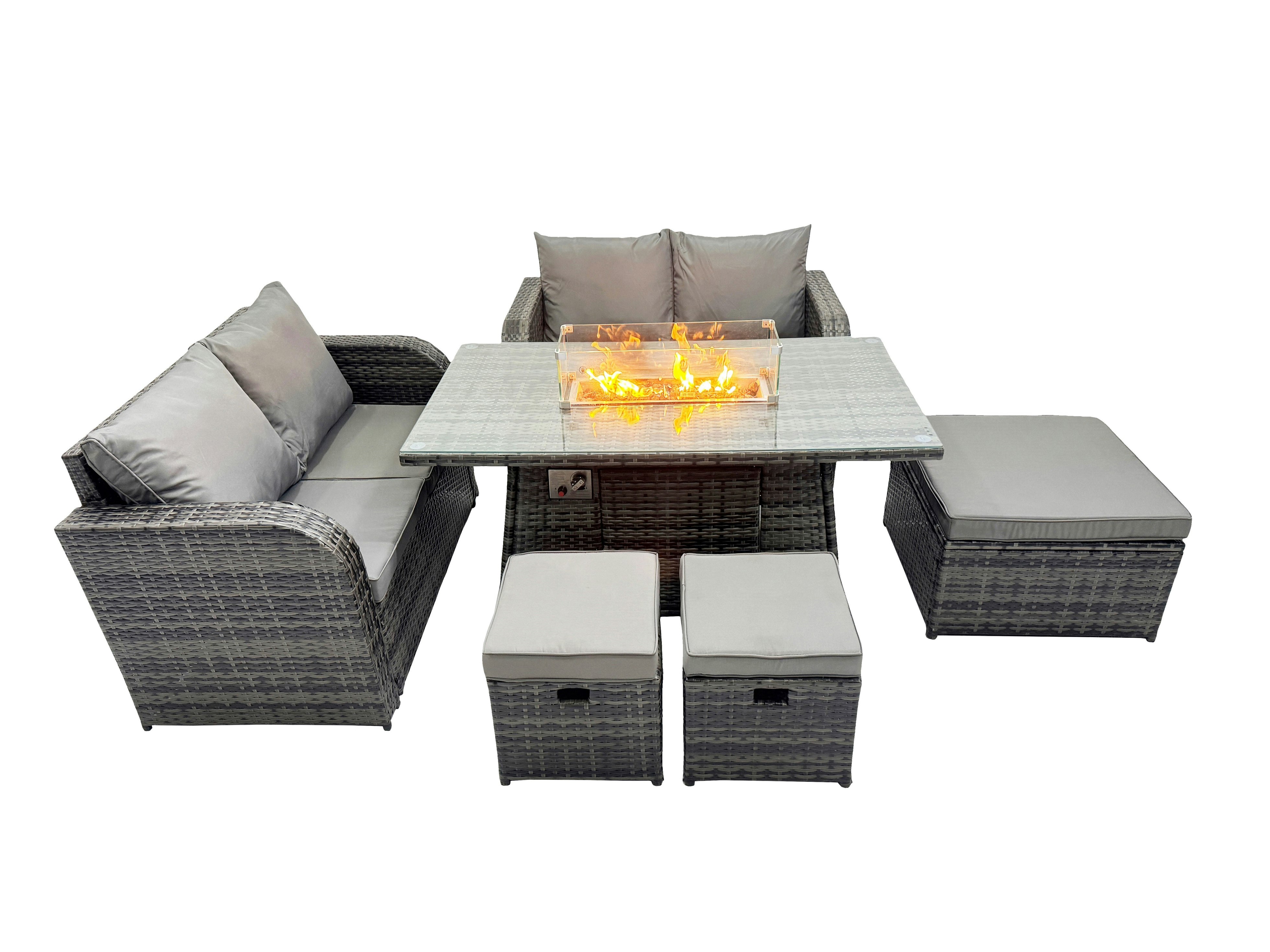Fimous Dark/Grey 7 Seater Patio Gas Firpit Dining Table Sofa Sets Rattan Garden Furniture Dining Set With 3 Stools Mixed