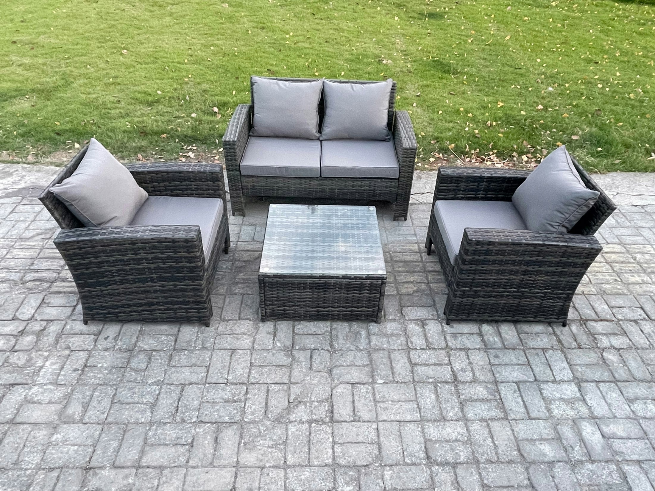 Rackhams Dark/Grey 4 Pcs Outdoor Lounge Sofa Set Wicker Pe Rattan Garden Furniture Set With Armchair Square Coffee Table Double Seat Sofa Mixed