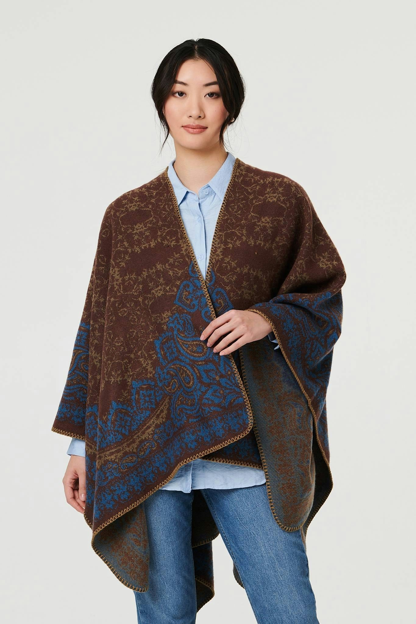 Izabel London Beige Paisley Print Oversized Poncho - One