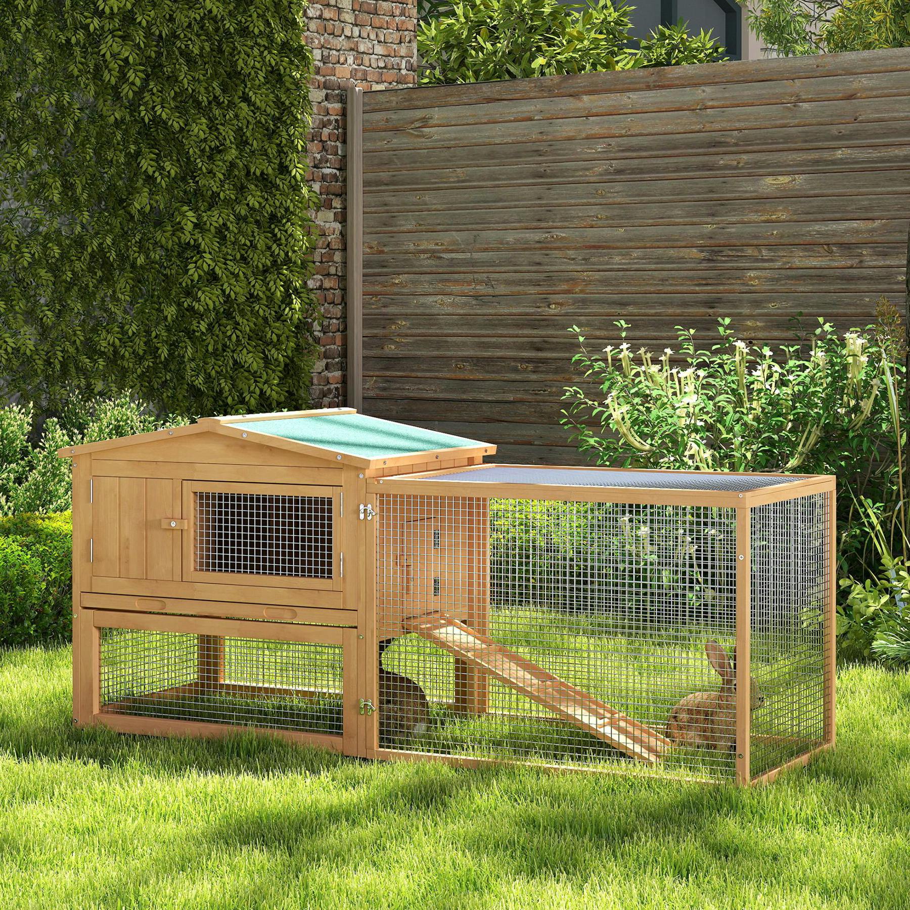 Pawhut Wooden Rabbit Hutch Guinea Pig Run W/ Ramp And Removable Tray Outdoor