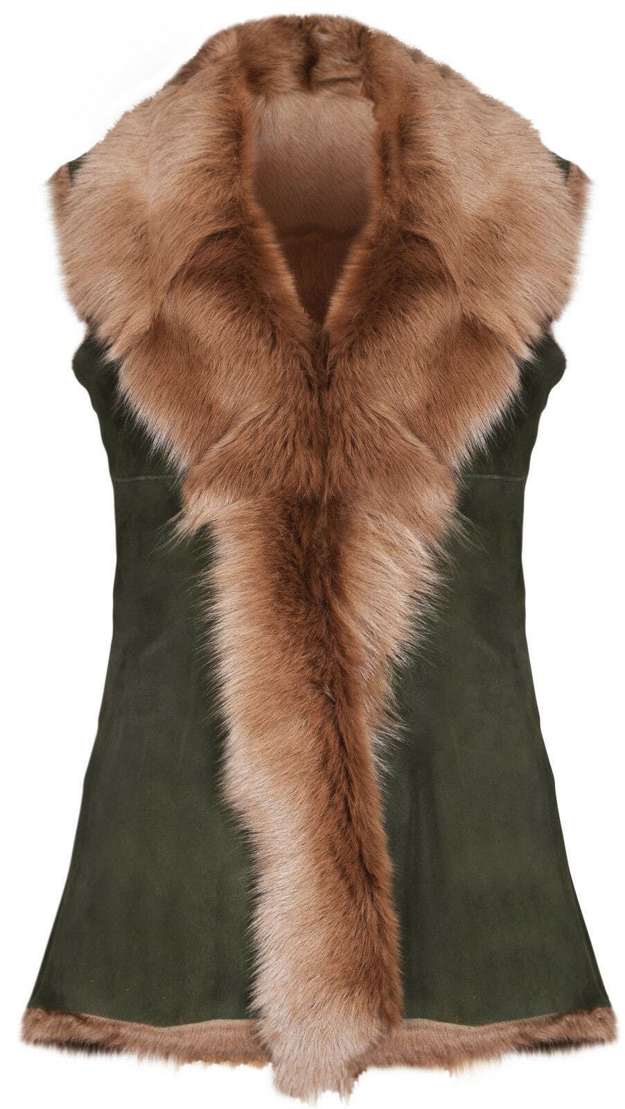 Infinity Leather Women's Green Toscana Sheepskin Long Gilet-Sorocaba - Olive - Uk Xs/8 | Eu 34 | Us 4