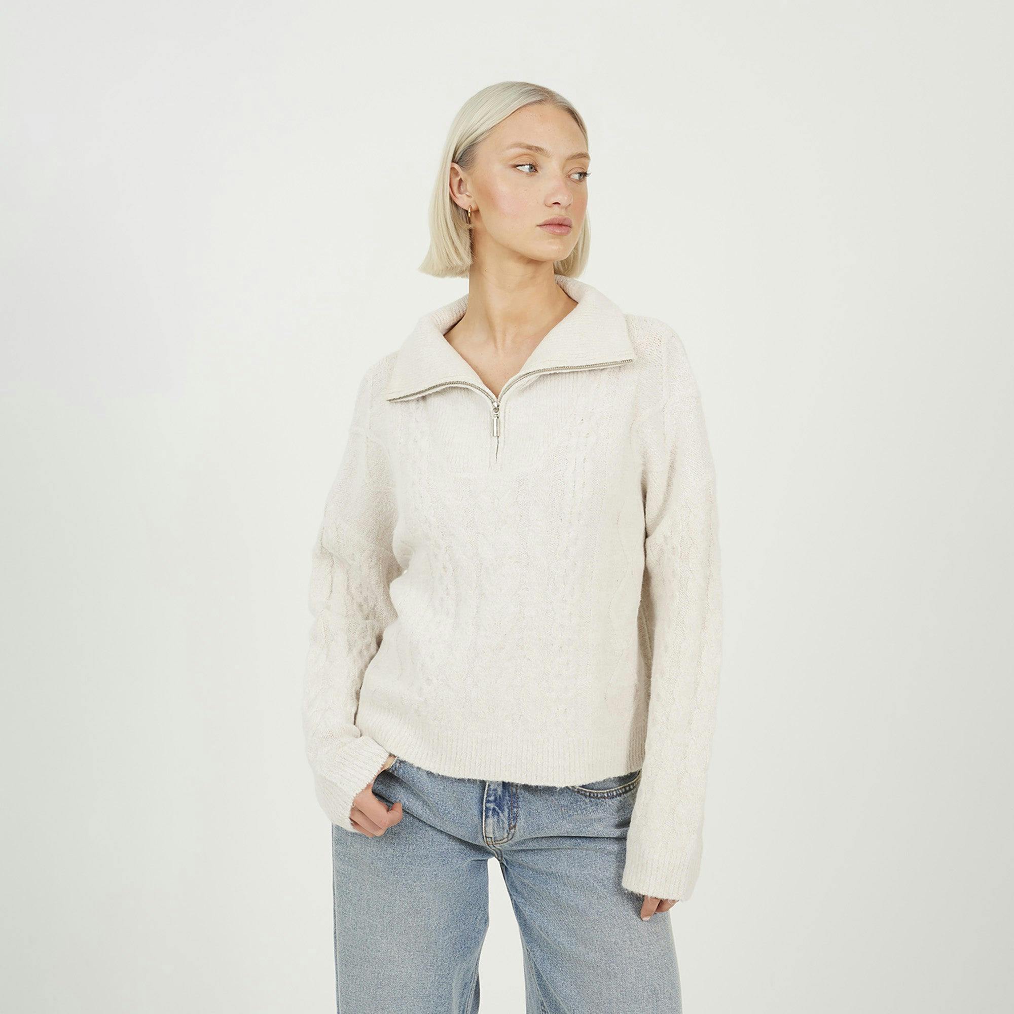 Brave Soul Beige Quarter Zip Cable Knit Jumper - Xs