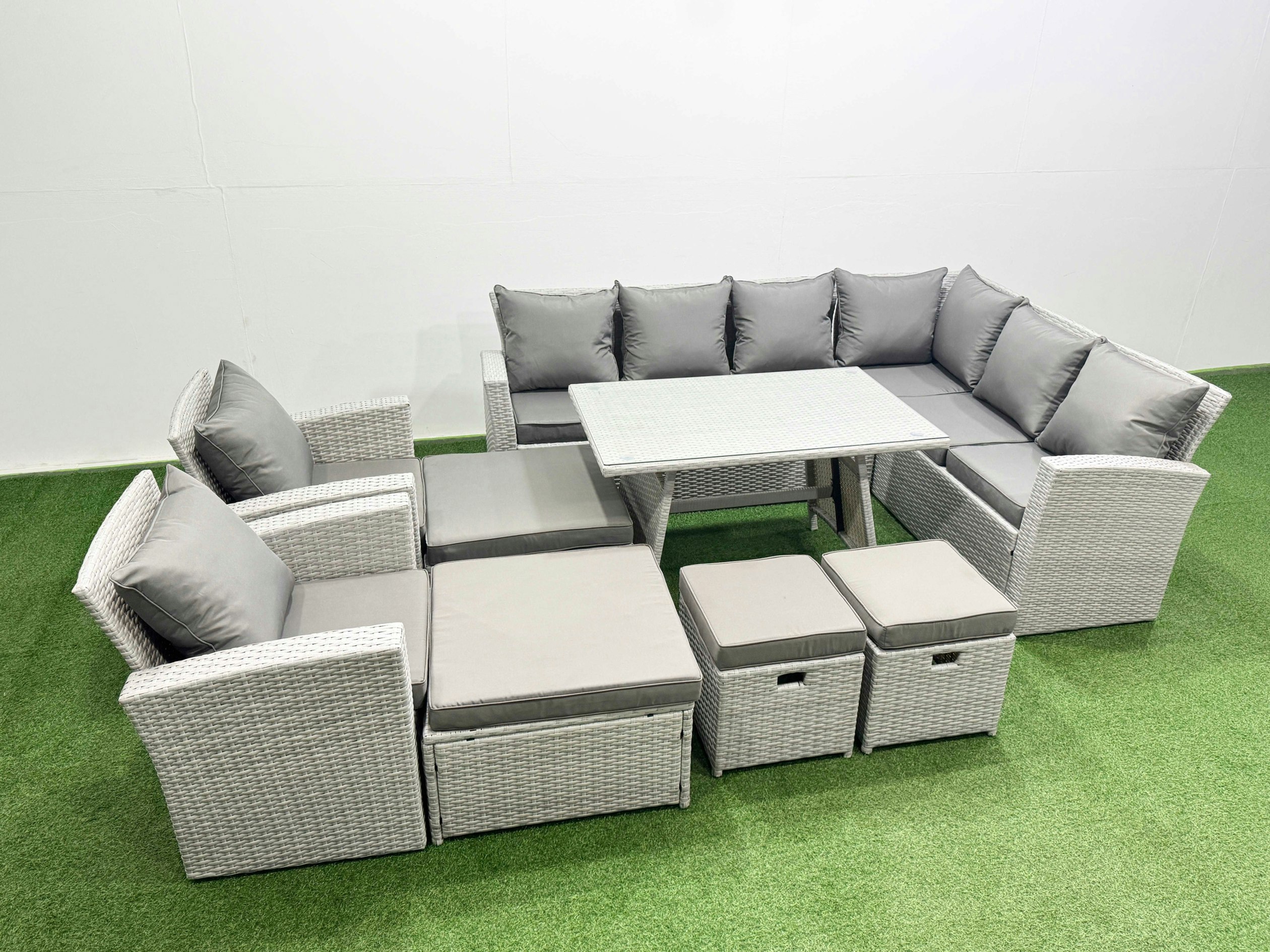 Rackhams Light/Grey 12 Seater Garden Outdoor Rattan Furniture Set Rattan Corner Sofa Oblong Dining Table With 2 Armchairs 4 Footstools Mixed