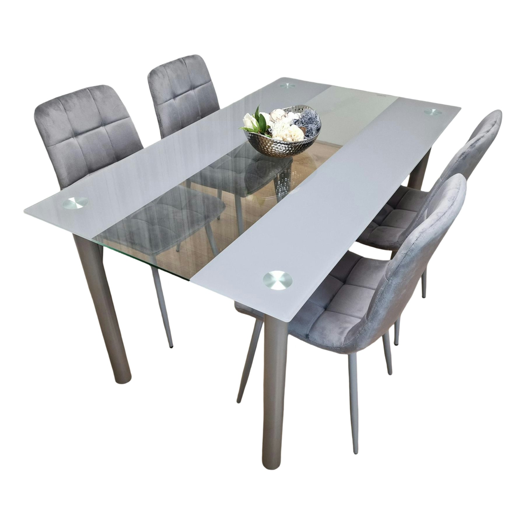 Portland 4 Seater Square Grey Velvet Dining Table Set - Image 6