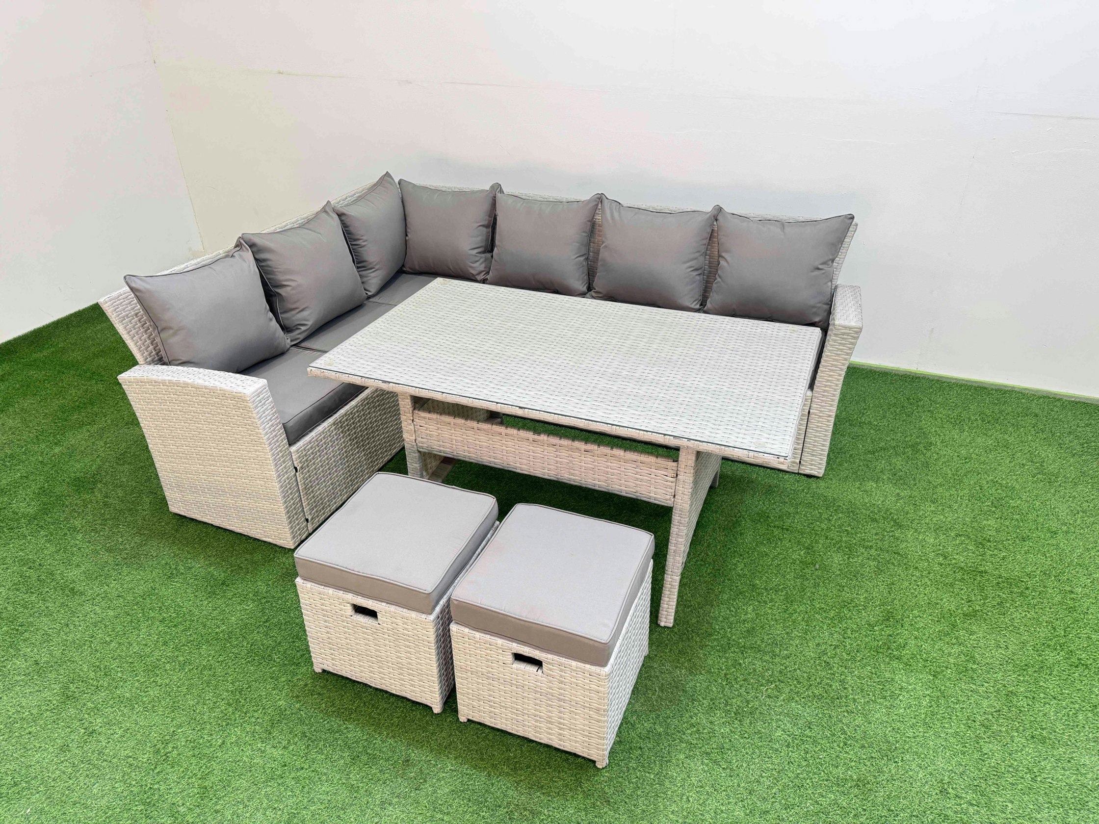 Fimous Light/Grey 8 Seater Rattan Garden Furniture Set Outdoor Patio Dining Corner Sofa Sets With Dining Table 2 Small Footstools Mixed