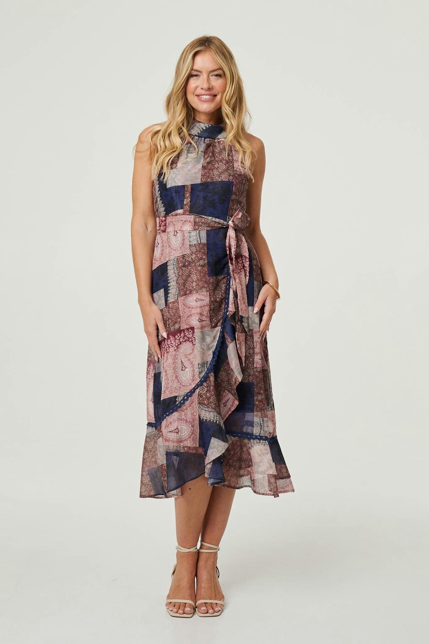 Izabel London Patchwork Sleeveless Midi Wrap Dress - Navy Size 14