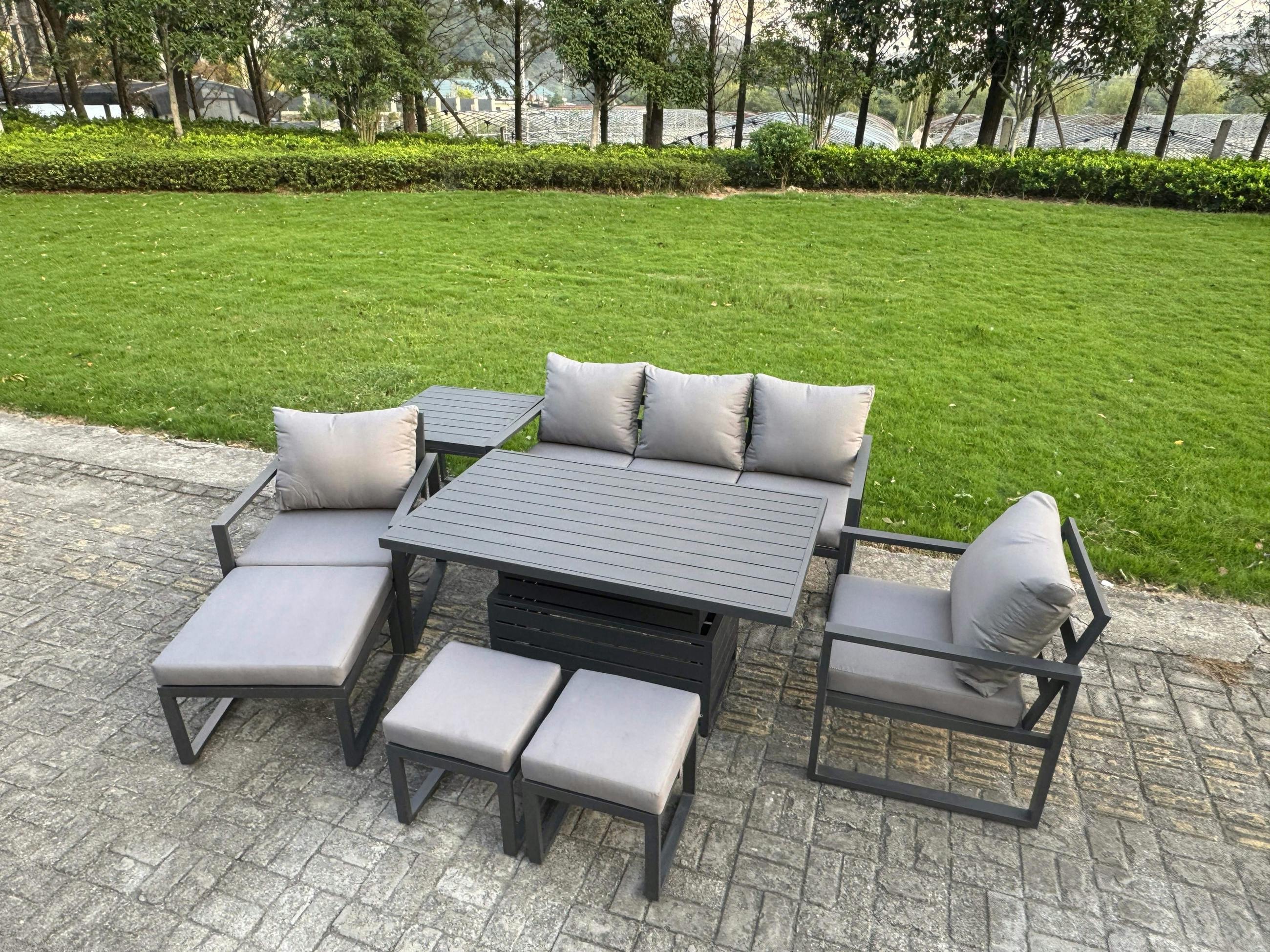 Rackhams Dark/Grey Aluminium Garden Furniture Sets 8 Seater Outdoor Sofa Set With Adjustable Rising Dining Table 2 Chairs 3 Footstools Side Table