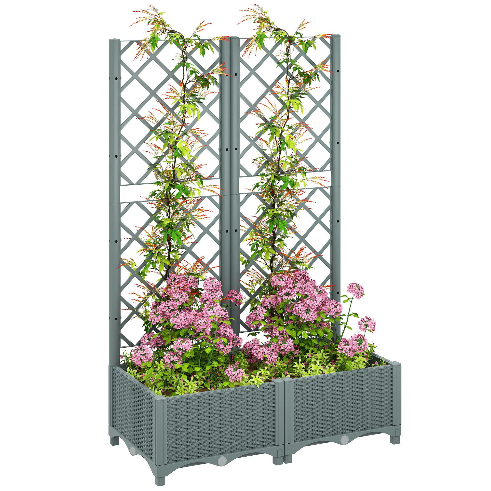 Rackhams Grey Plastic Planter Box With Trellis, Vegetable Planter W/ Drain Plugs - 123 - Pp