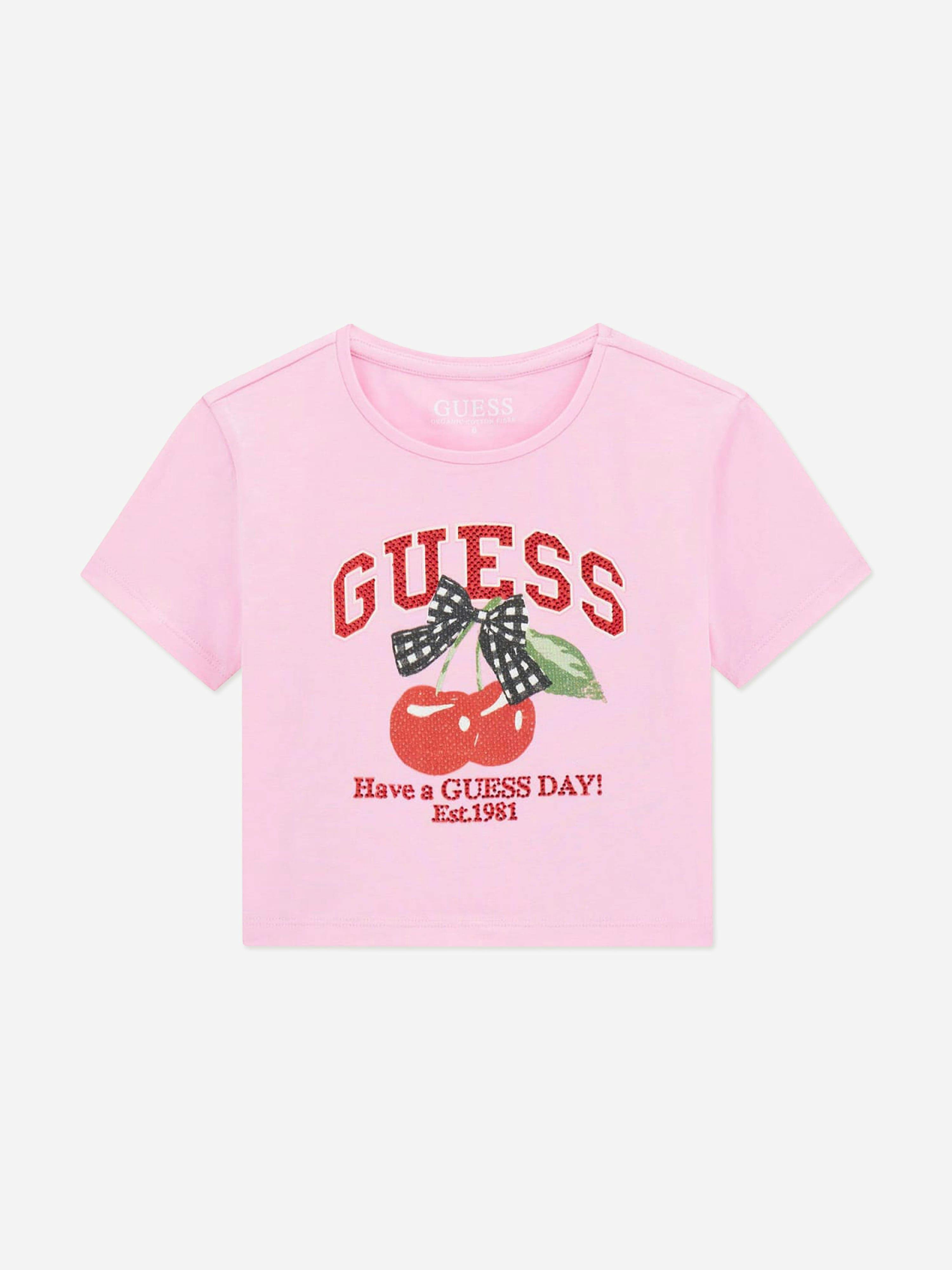 Guess Girls Pink Cropped Cherry T-Shirt In - 16 Yrs