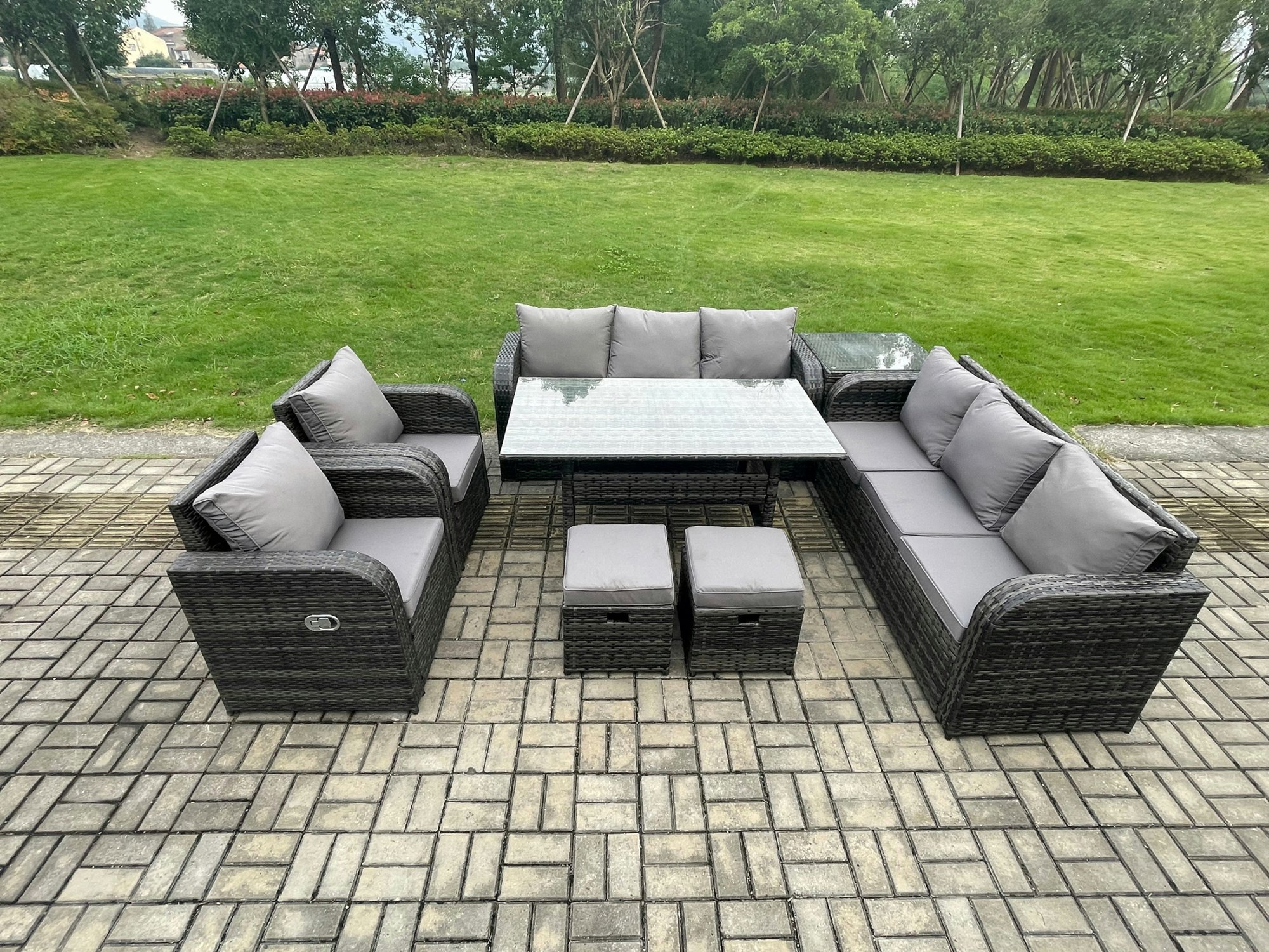 Fimous Dark/Grey Mixed Rattan Outdoor Lounge Set - Oblong/Rectangular Dining Table, Side Table & 2 Small Footstools