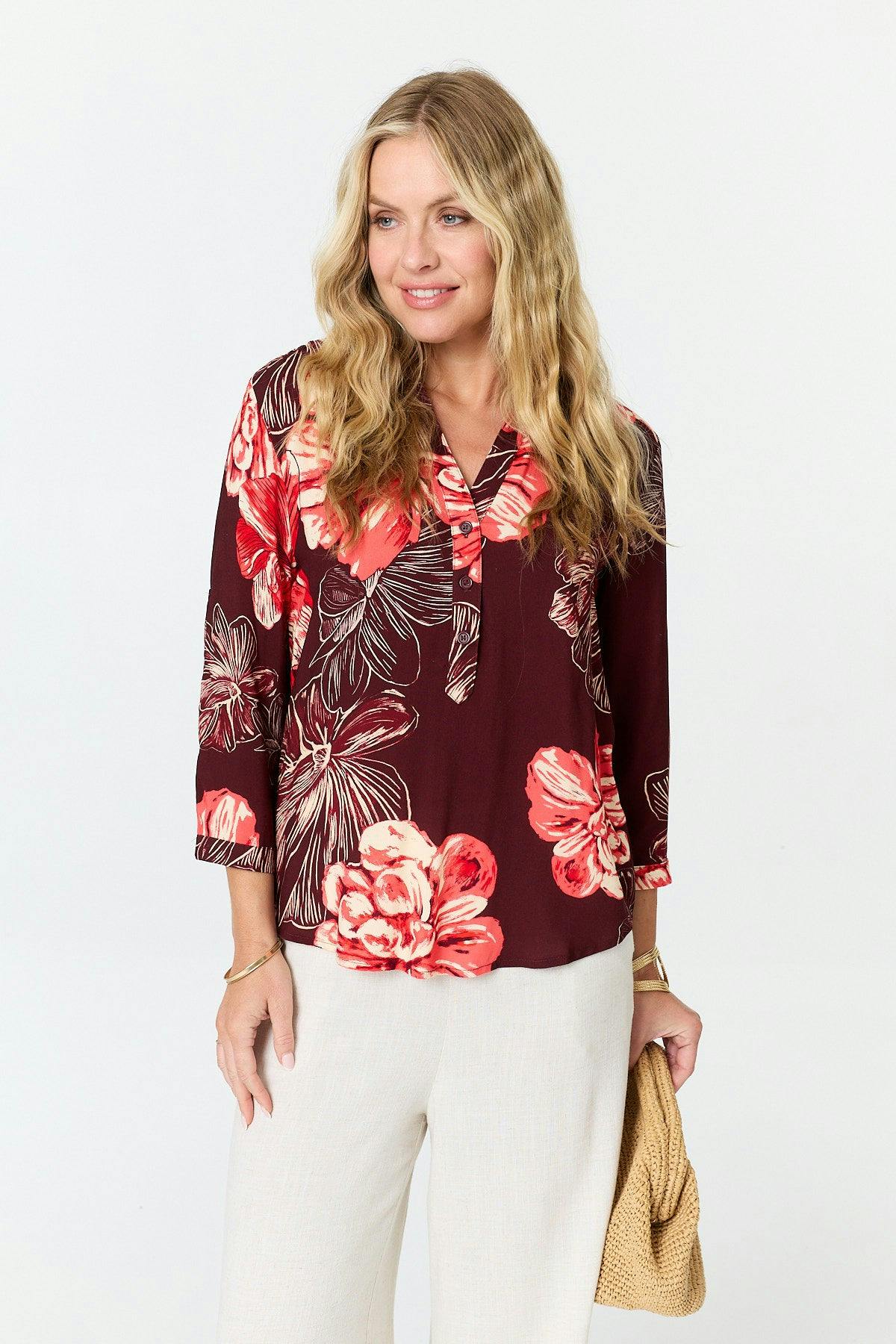 Izabel London Purple Floral V-Neck 3/4 Sleeve Relaxed Blouse - 16