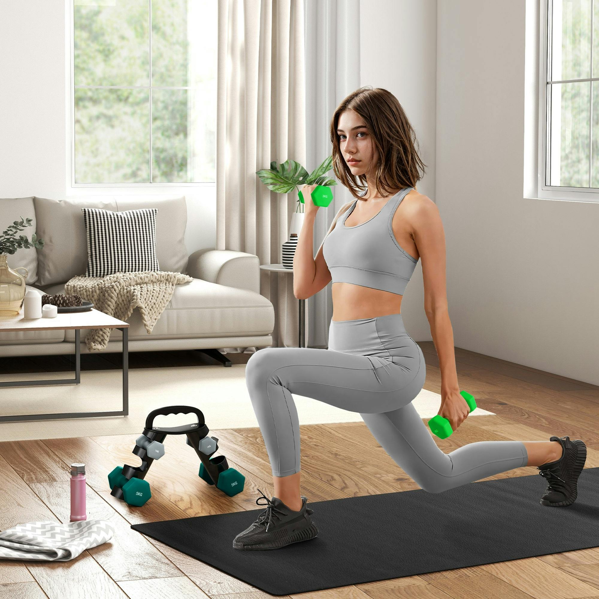 Sportnow Grey Dumbbells Set With Storage Rack, 2 X 1Kg, 2 X 2Kg, 2 X 3Kg, - 18 Kg