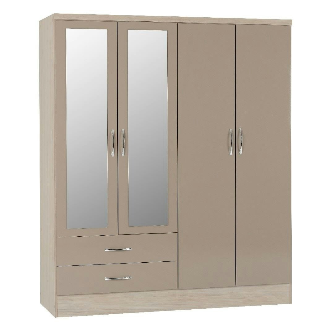 Rackhams Light Nevada 4 Door 2 Drawer Mirrored Wardrobe - Oyster Gloss And Oak
